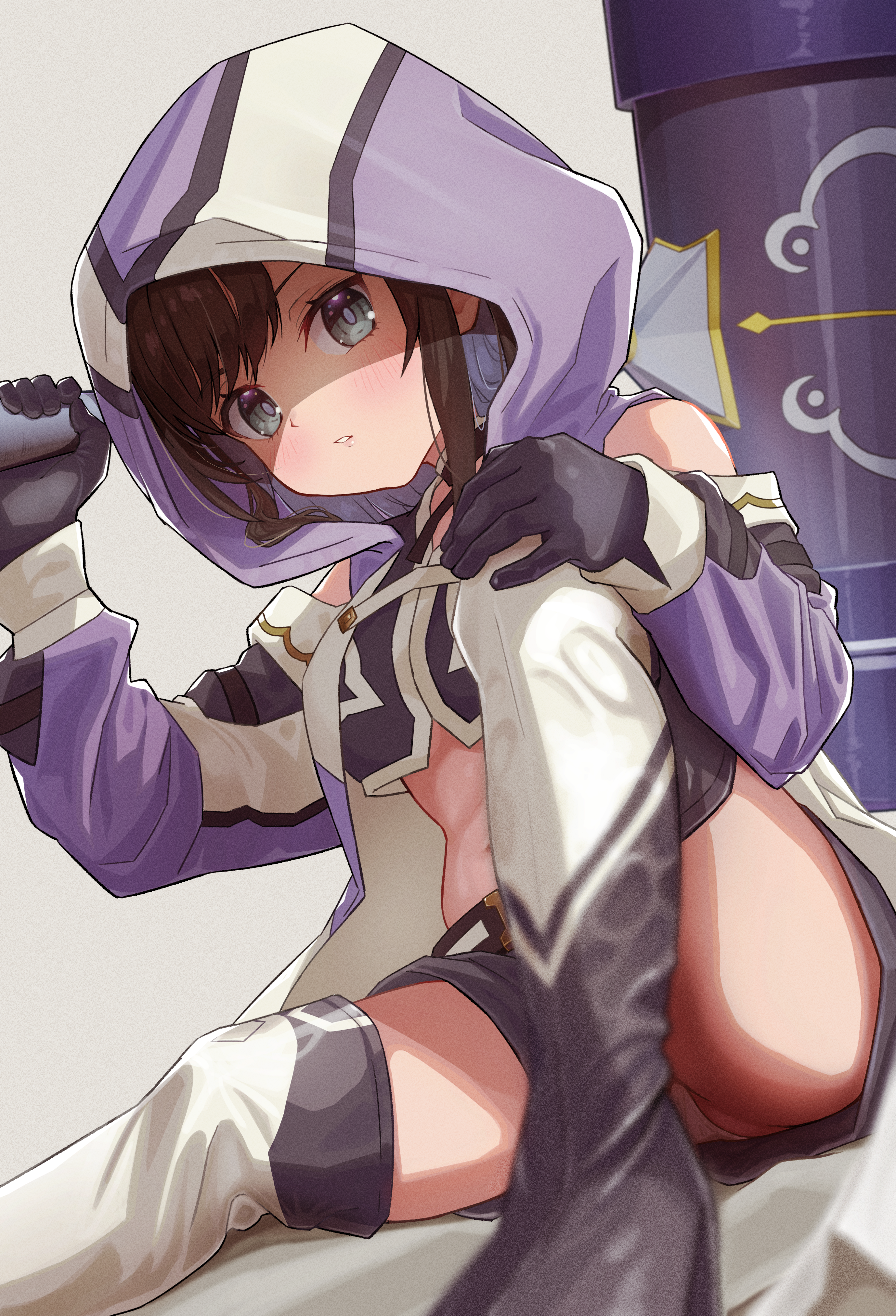 gimi 00, alina clover, guild no uketsukejou desu ga zangyou wa iya nanode boss wo solo toubatsu shiyou to omoimasu, absurdres, commentary request, highres, 1girl, black gloves, black shorts, blue eyes, blush, boots, brown hair, gloves, hood, hood up, looking at viewer, open mouth, panties, shorts, sitting, solo, underwear, white panties