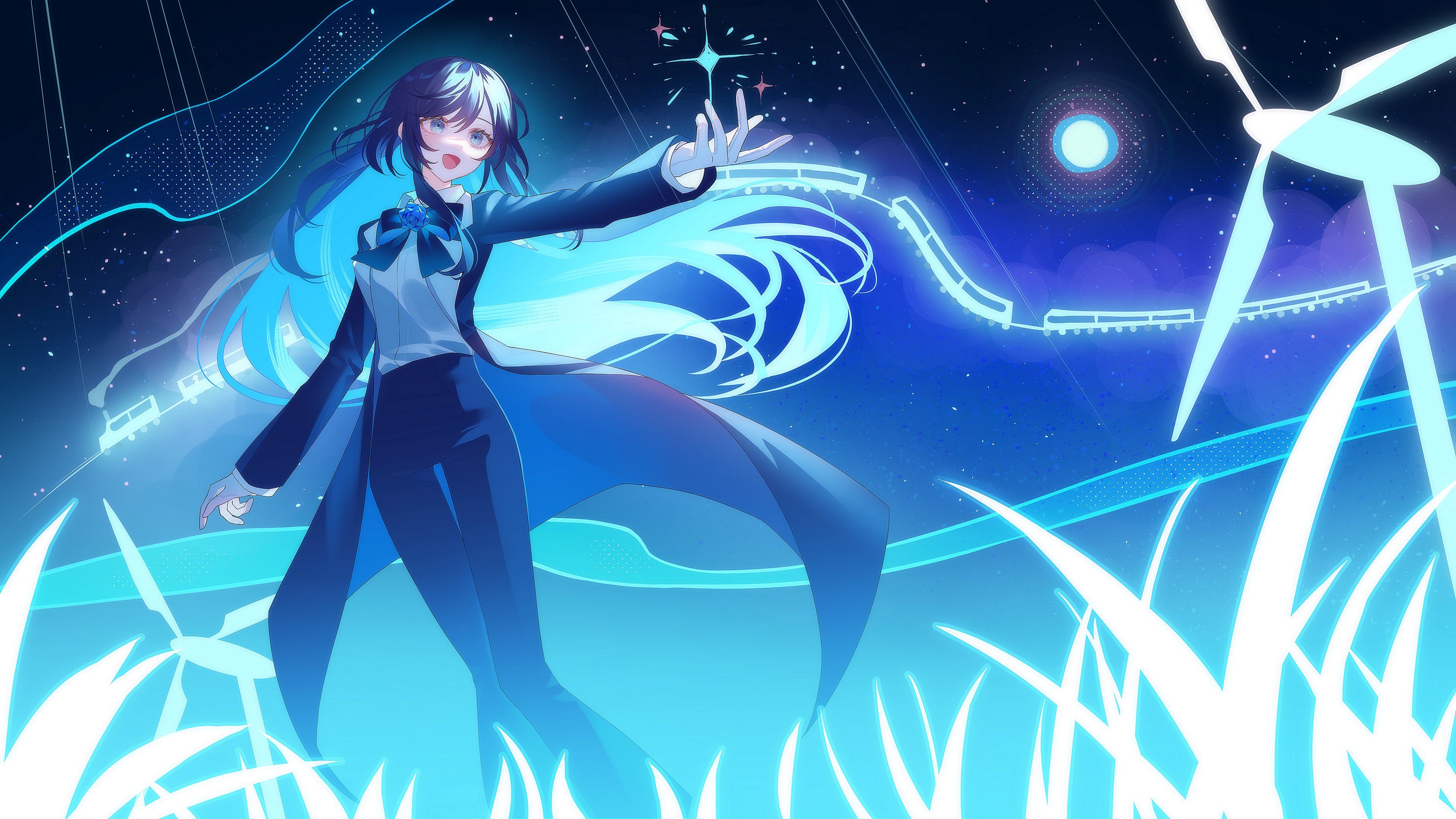 orihara (ewkkyorhr), sayu (snowman and mayu), chando (ado), ado (utaite), absurdres, artist collaboration, commentary request, highres, official art, 1girl, blue coat, blue eyes, blue pants, coat, colored inner hair, long hair, multicolored hair, open mouth, pants, shirt, sky, solo, star (sky), starry sky, utaite, white shirt