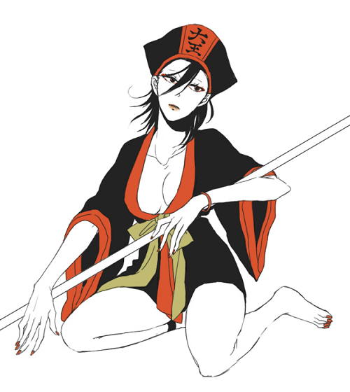 enma daiou, gag manga biyori, 1girl, bare legs, barefoot, black hair, bracelet, breasts, breasts apart, collarbone, feet, female focus, fingernails, genderswap, genderswap (mtf), hair between eyes, hat, head tilt, japanese clothes, jewelry, large breasts, lips, looking to the side, nail polish, simple background, sitting, solo, toenails, toes, white background, wide sleeves