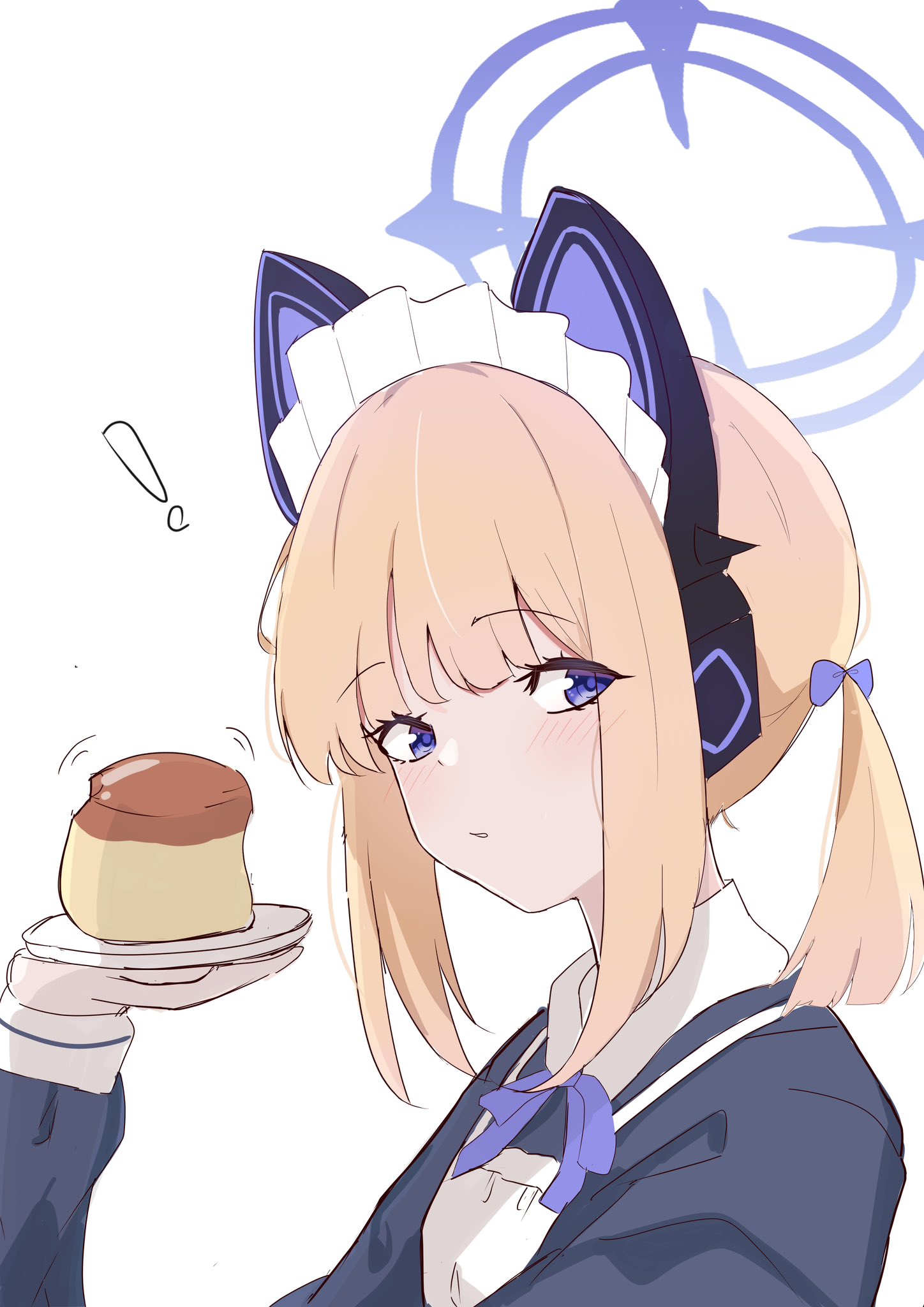fuiba blue, ao (blue archive), blue archive, commentary request, highres, !, 1girl, animal ear headphones, animal ears, blonde hair, blue bow, blue eyes, blue halo, bow, cat ear headphones, cat ears, fake animal ears, food, halo, headphones, holding, holding plate, long sleeves, looking at viewer, maid, maid headdress, parted lips, plate, pudding, solo, upper body