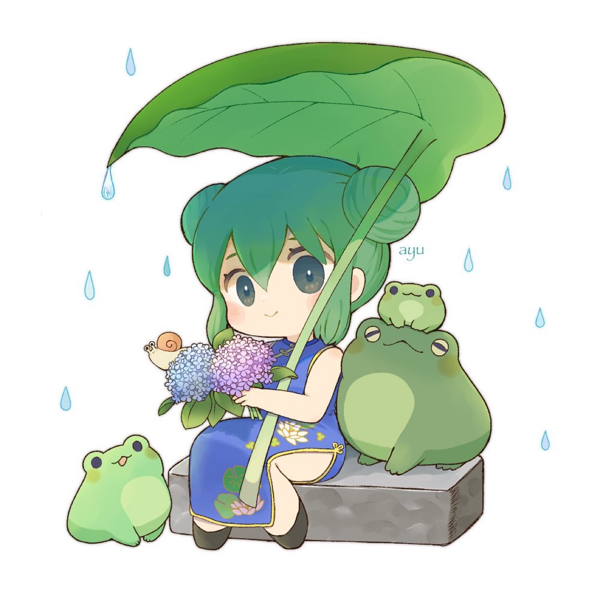 ayu (mog), original, commentary, english commentary, highres, mixed-language commentary, 1girl, artist name, bare arms, bare shoulders, black shoes, blue dress, blush stickers, chibi, chibi only, china dress, chinese clothes, closed mouth, dress, flower, frog, full body, holding, holding flower, hydrangea, leaf, rain, romaji commentary, shoes, simple background, sitting, sleeveless, sleeveless dress, smile, snail, solo, white background