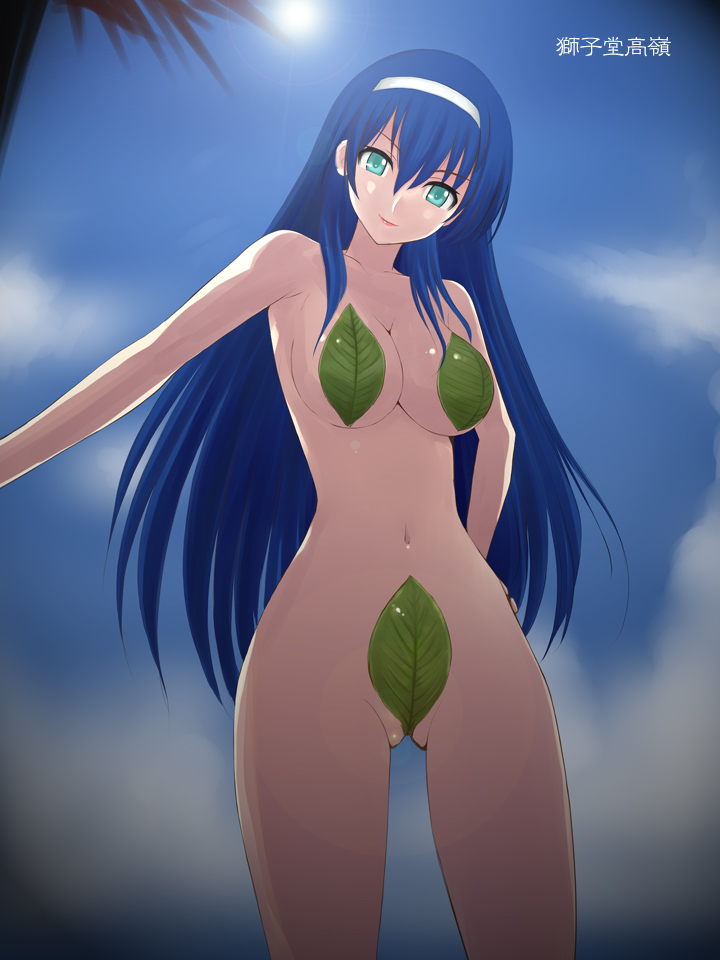 niwatori kokezou, shishidou takane, sora wo kakeru shoujo, 00s, 1girl, bikini, blue hair, breasts, cleavage, female focus, green eyes, hairband, leaf bikini, maebari, pasties, sky, solo