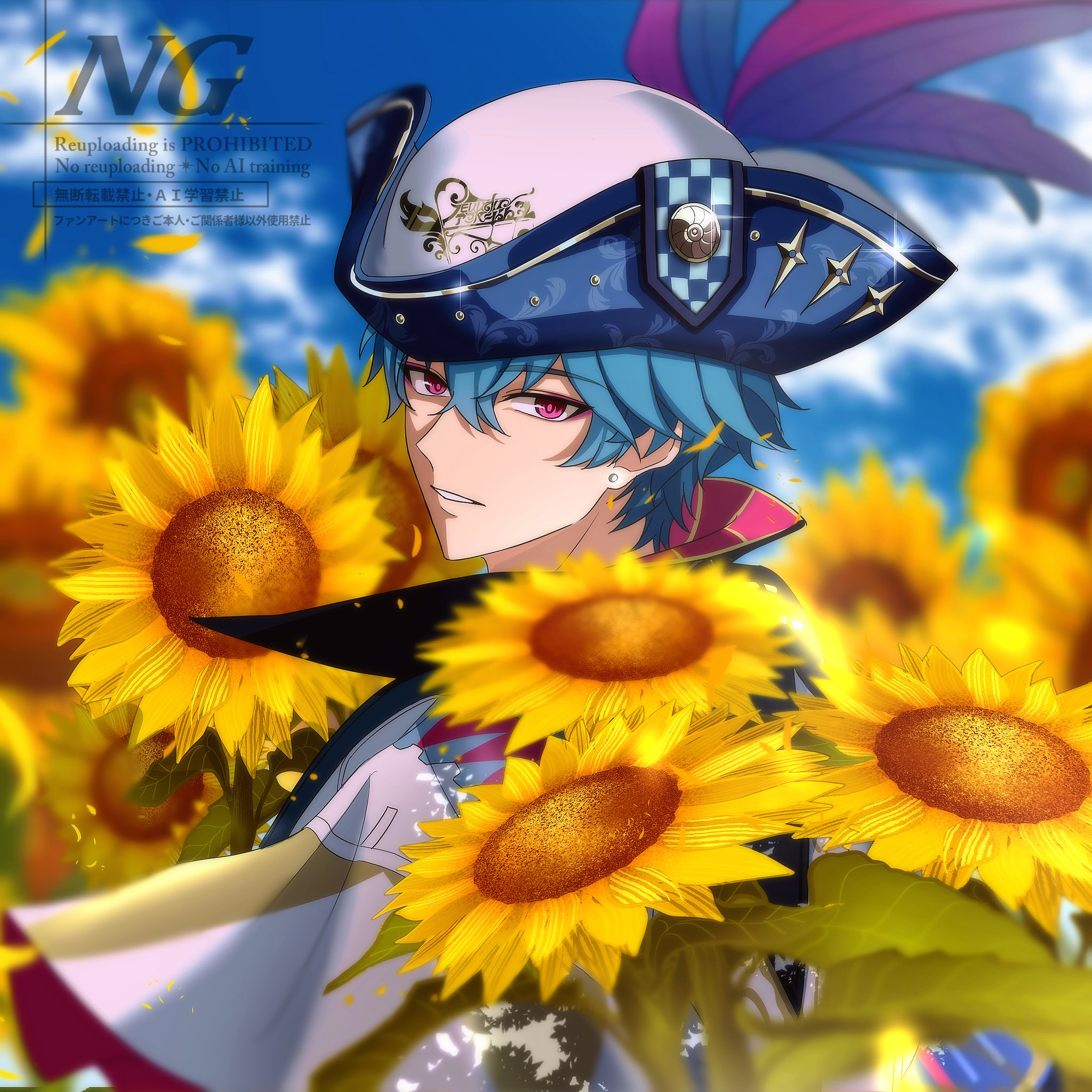 brant (wuthering waves), wuthering waves, commentary, highres, symbol-only commentary, 1boy, blue hair, blue sky, blurry, blurry background, day, earrings, flower, from side, hair between eyes, hat, hat feather, jewelry, looking at viewer, looking to the side, male focus, outdoors, parted lips, pink eyes, sae naiyatsu, short hair, sky, solo, sunflower, tricorne, upper body, watermark