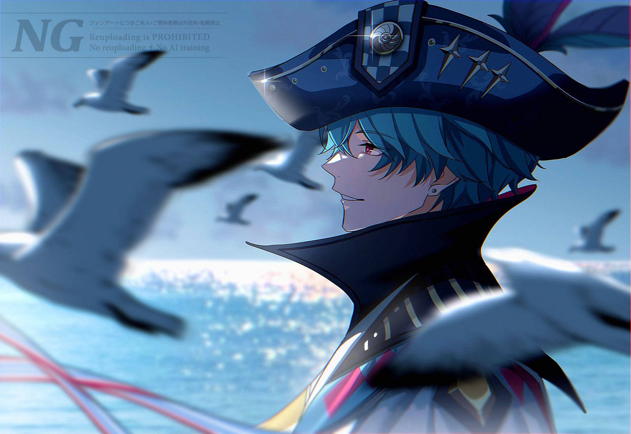 brant (wuthering waves), wuthering waves, commentary, highres, symbol-only commentary, 1boy, bird, blue hair, blue sky, blurry, blurry background, from side, hat, male focus, ocean, outdoors, parted lips, pink eyes, portrait, profile, sae naiyatsu, short hair, sky, smile, solo, tricorne, watermark, white bird