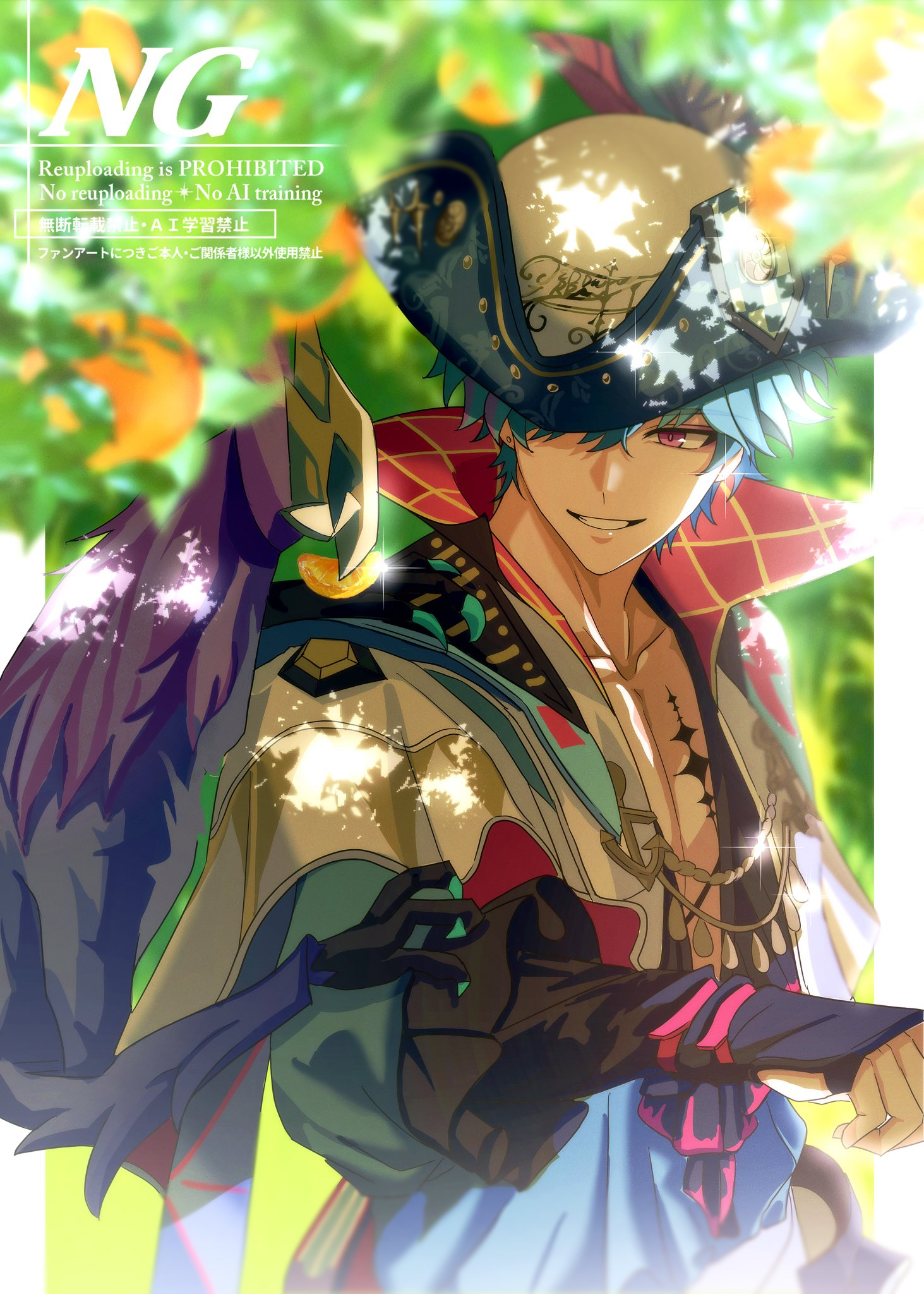 brant (wuthering waves), wuthering waves, commentary, highres, symbol-only commentary, 1boy, animal on arm, bird, bird on arm, blue hair, blue shirt, blurry, blurry background, earrings, hat, hat feather, jewelry, long sleeves, looking at animal, male focus, multicolored hair, open clothes, open shirt, parted lips, pink eyes, sae naiyatsu, shirt, short hair, smile, solo, streaked hair, tacet discord (wuthering waves), tacet mark (wuthering waves), tricorne, upper body, watermark