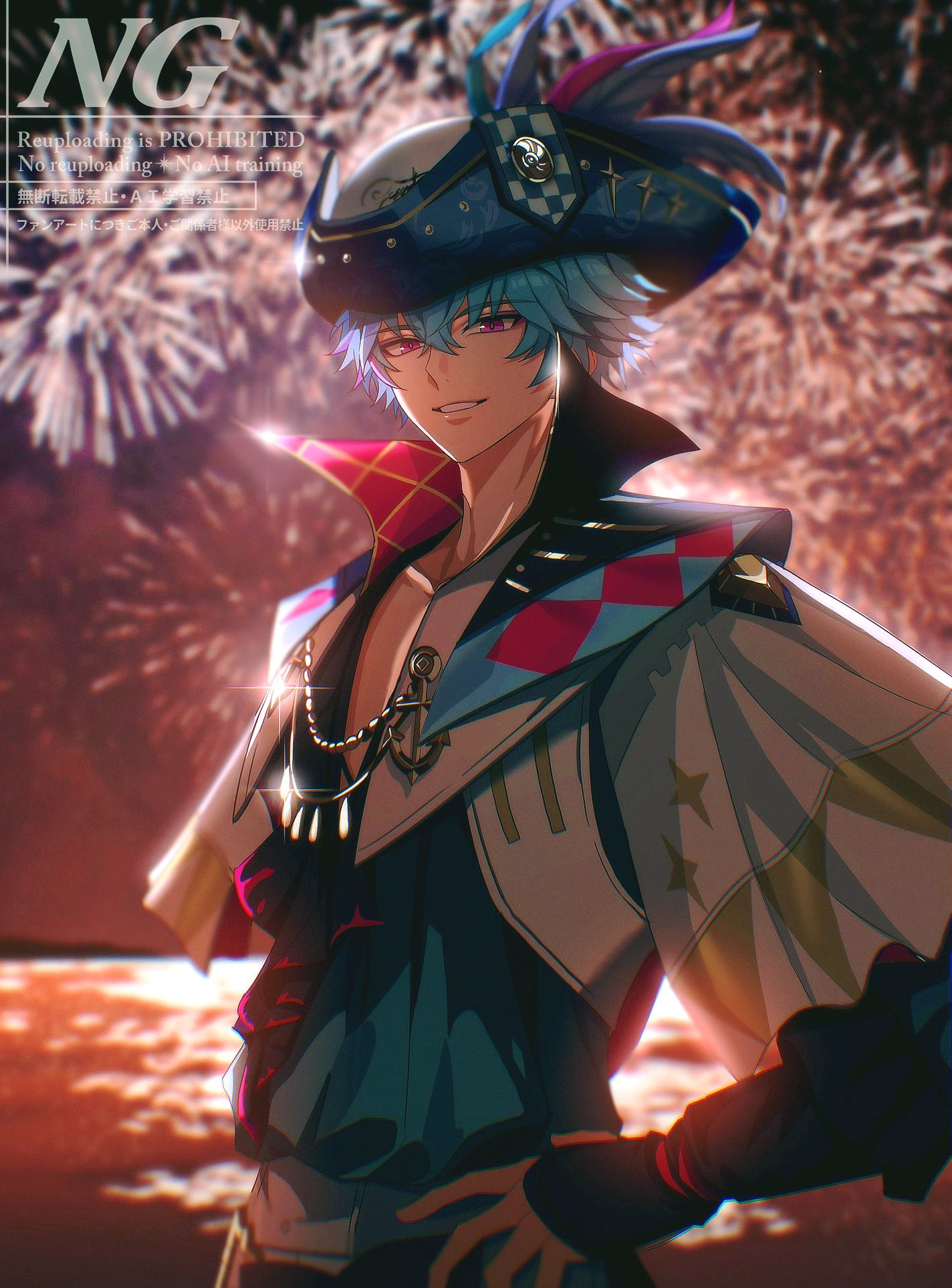 brant (wuthering waves), wuthering waves, commentary, highres, symbol-only commentary, 1boy, aerial fireworks, anchor ornament, blue hair, blue shirt, chromatic aberration, fireworks, hair between eyes, hand on own hip, hat, hat feather, looking at viewer, male focus, multicolored hair, night, ocean, open clothes, open shirt, parted lips, pink eyes, sae naiyatsu, shirt, short hair, smile, solo, streaked hair, tricorne, upper body, watermark