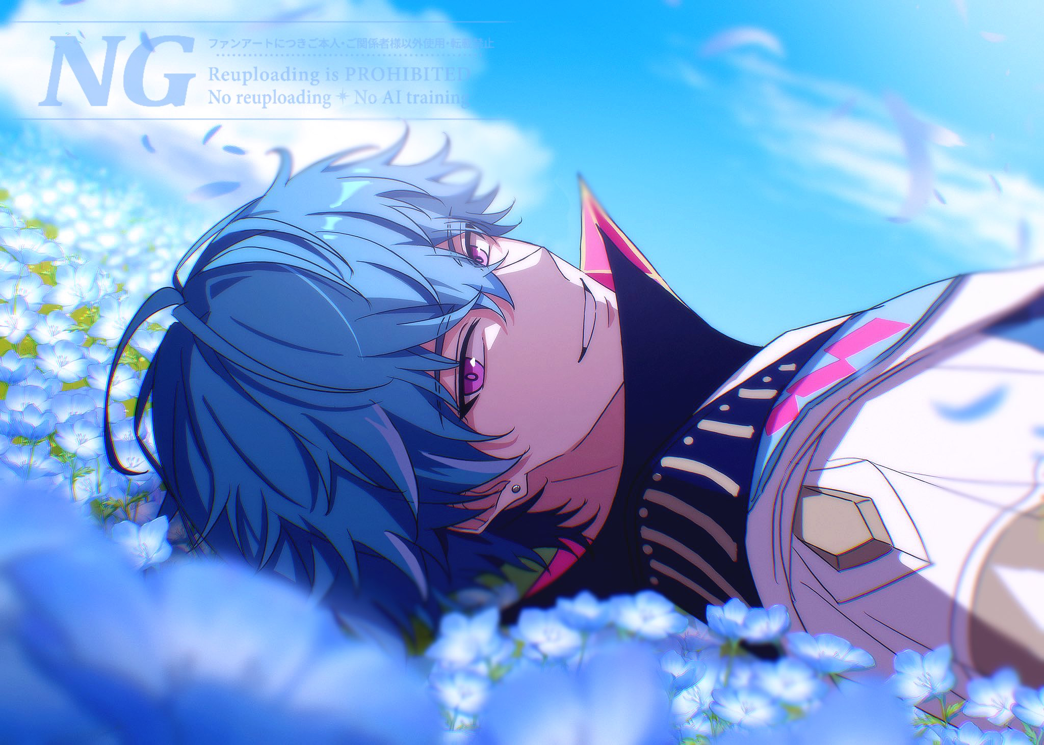 brant (wuthering waves), wuthering waves, commentary, highres, symbol-only commentary, 1boy, blue hair, blue sky, blurry, blurry background, day, earrings, field, flower, flower field, from side, jewelry, looking at viewer, looking to the side, lying, male focus, multicolored hair, no headwear, on back, outdoors, parted lips, pink eyes, sae naiyatsu, short hair, sky, smile, solo, streaked hair, watermark