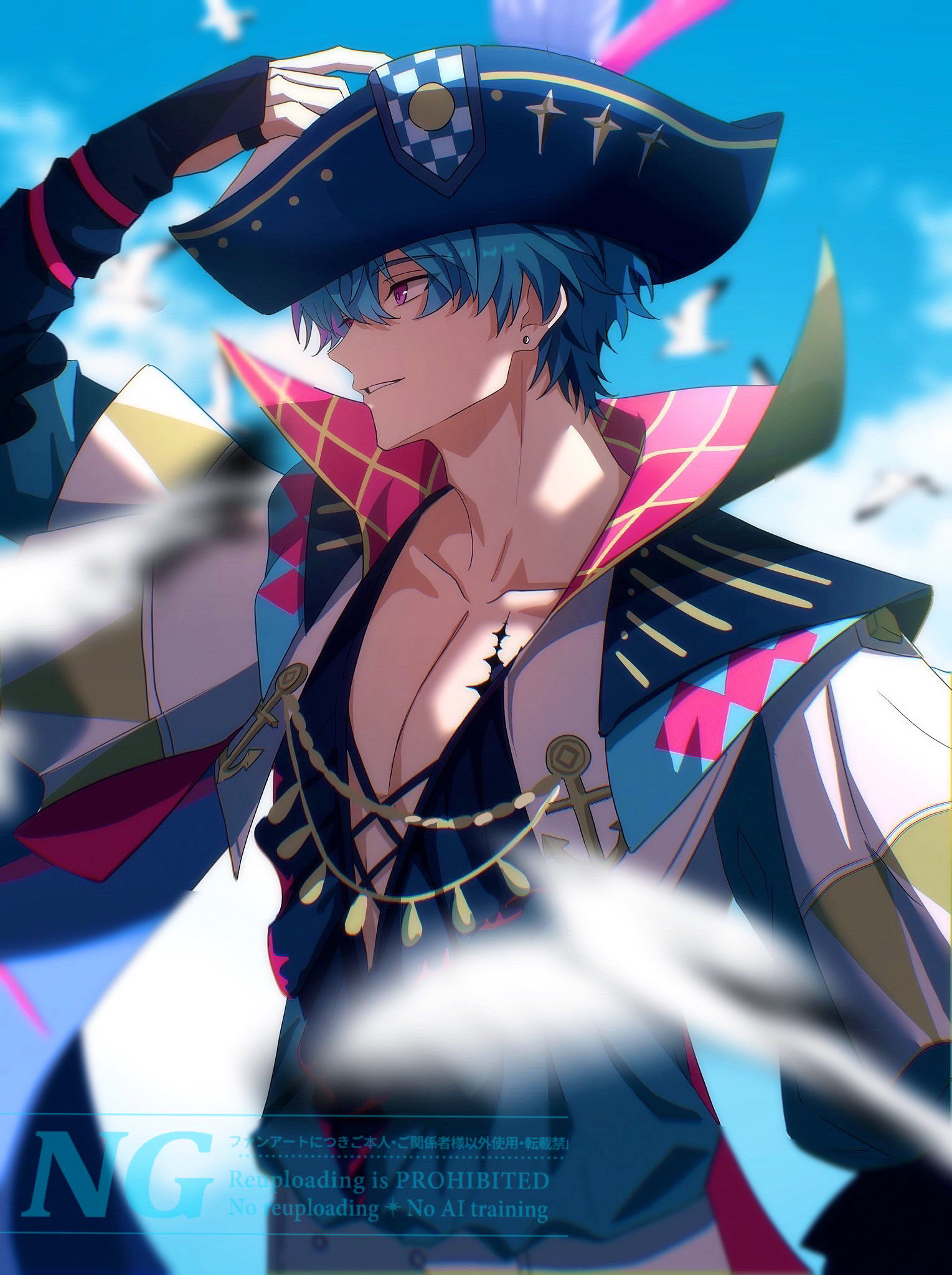 brant (wuthering waves), wuthering waves, commentary, highres, symbol-only commentary, 1boy, blue hair, blue shirt, blue sky, blurry, blurry background, collarbone, day, from side, hand on own hat, hat, hat feather, looking ahead, male focus, multicolored hair, open clothes, open shirt, outdoors, parted lips, pink eyes, sae naiyatsu, shirt, short hair, sky, smile, solo, streaked hair, tacet mark (wuthering waves), tricorne, upper body, watermark