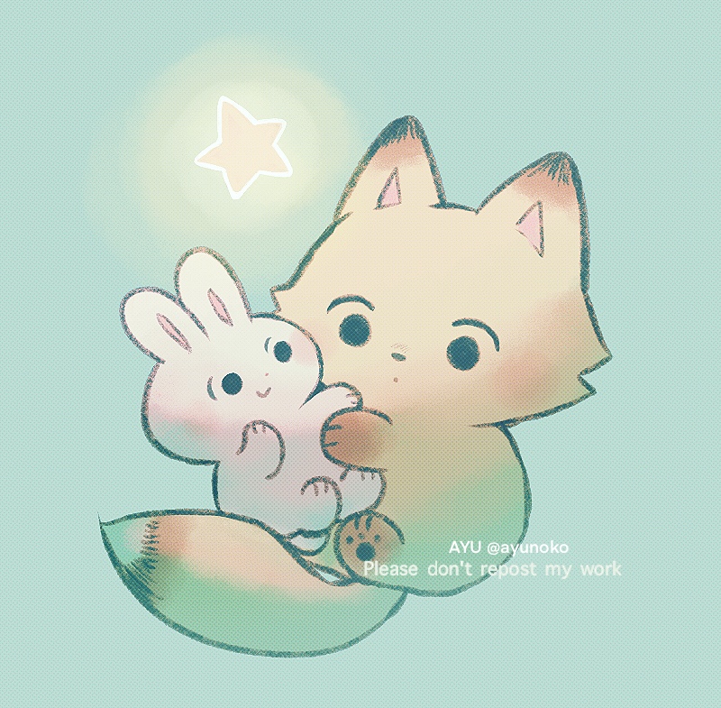 ayu (mog), original, commentary, commentary request, english commentary, mixed-language commentary, animal, animal focus, artist name, blue background, closed mouth, dot mouth, fox, no humans, rabbit, romaji commentary, simple background, smile, solid circle eyes, star (symbol), twitter username, watermark