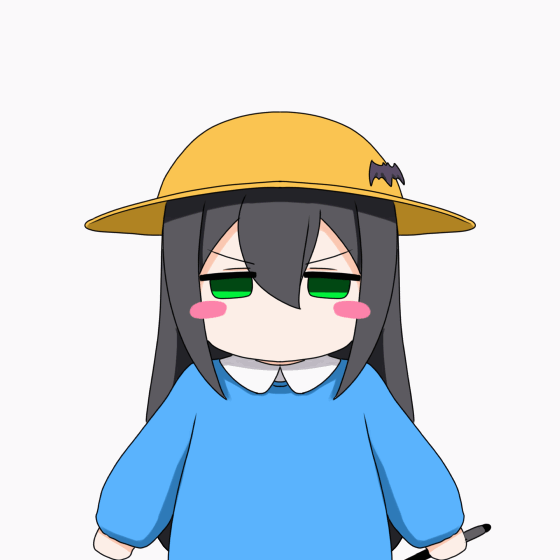 gumakara, original, animated, animated gif, commentary request, looping animation, 1girl, bat hat ornament, black hair, blue dress, blush stickers, dress, green eyes, hat, holding, holding stylus, jumping, kindergarten uniform, long hair, no mouth, outstretched arms, school hat, solo, stylus, upper body, v-shaped eyebrows, yellow hat