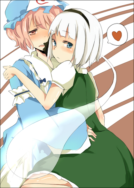 mono (recall), konpaku youmu, konpaku youmu (ghost), saigyouji yuyuko, touhou, 2girls, blue eyes, blush, bob cut, female focus, hairband, hat, heart, hug, looking back, multiple girls, pink eyes, pink hair, short hair, white hair, yuri