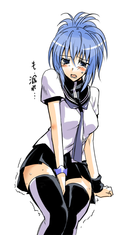 marumi, senou natsuru, kampfer, gender request, translated, 00s, 1girl, blue hair, blush, female focus, genderswap, have to pee, scared, skirt, solo, sweat, thighhighs, trembling, zettai ryouiki
