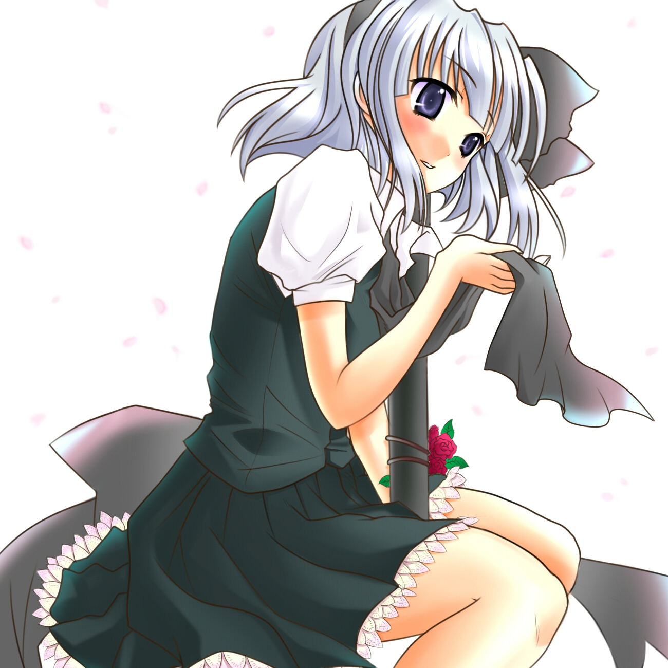 maryquant, konpaku youmu, touhou, silver hair, bad id, bad pixiv id, highres, 1girl, blue eyes, female focus, flower, hair ribbon, katana, ribbon, short hair, solo, sword, weapon, white background