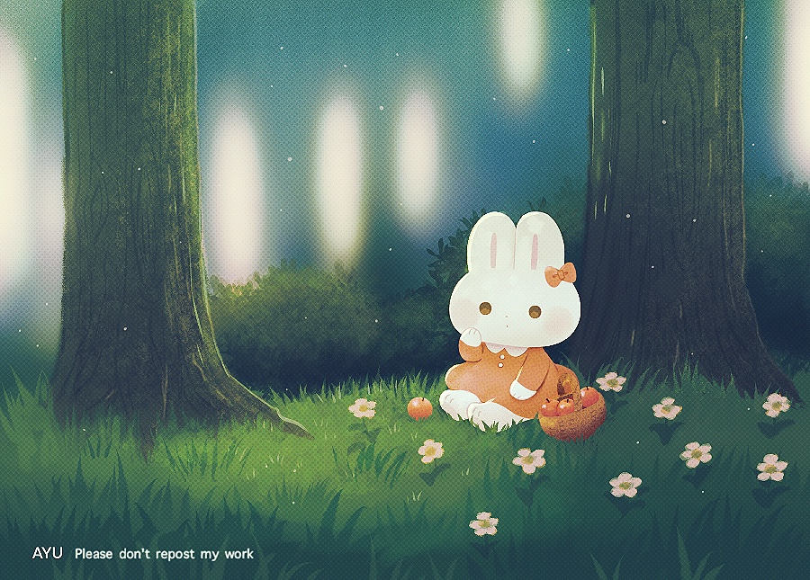 ayu (mog), original, commentary, commentary request, english commentary, mixed-language commentary, animal, animal focus, apple, artist name, basket, bow, flower, food, forest, fruit, grass, hand up, long sleeves, nature, night, no humans, orange bow, orange shirt, outdoors, rabbit, romaji commentary, shirt, sitting, solid circle eyes, solo, tree, watermark, white flower