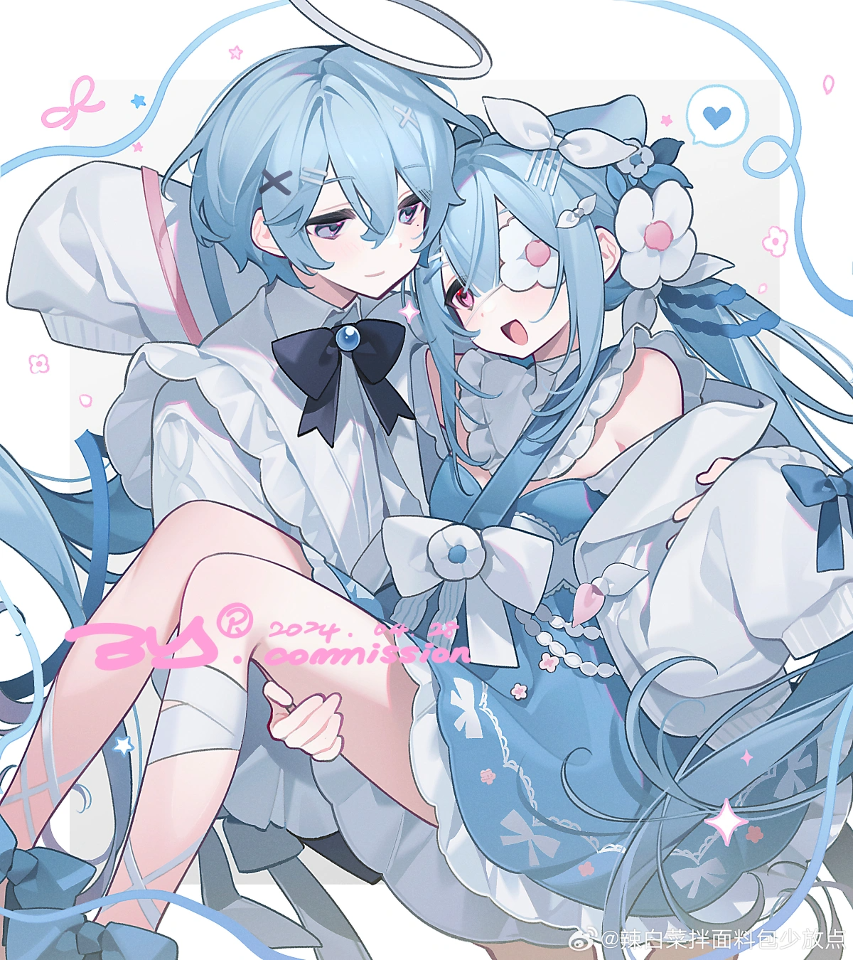 yuanyunyu 3y, original, highres, non-web source, 1boy, blue eyes, blue hair, blush, bow, detached sleeves, dress, hair between eyes, hair ornament, long hair, multiple girls, open mouth, ribbon, skirt, smile, very long hair