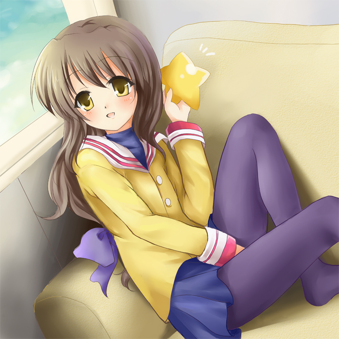 nikoo, ibuki fuuko, clannad, bad id, bad pixiv id, 00s, brown eyes, brown hair, couch, long hair, pantyhose, school uniform, solo, starfish