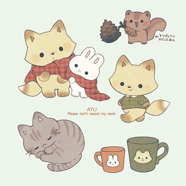 ayu (mog), original, commentary, commentary request, english commentary, mixed-language commentary, translation request, :d, animal, animal focus, argyle clothes, argyle shirt, arrow (symbol), artist name, blush, cat, closed mouth, cup, fox, green shirt, long sleeves, no humans, open mouth, pinecone, plaid clothes, plaid scarf, rabbit, red scarf, romaji commentary, scarf, shirt, simple background, smile, solid circle eyes, squirrel, unmoving pattern, watermark
