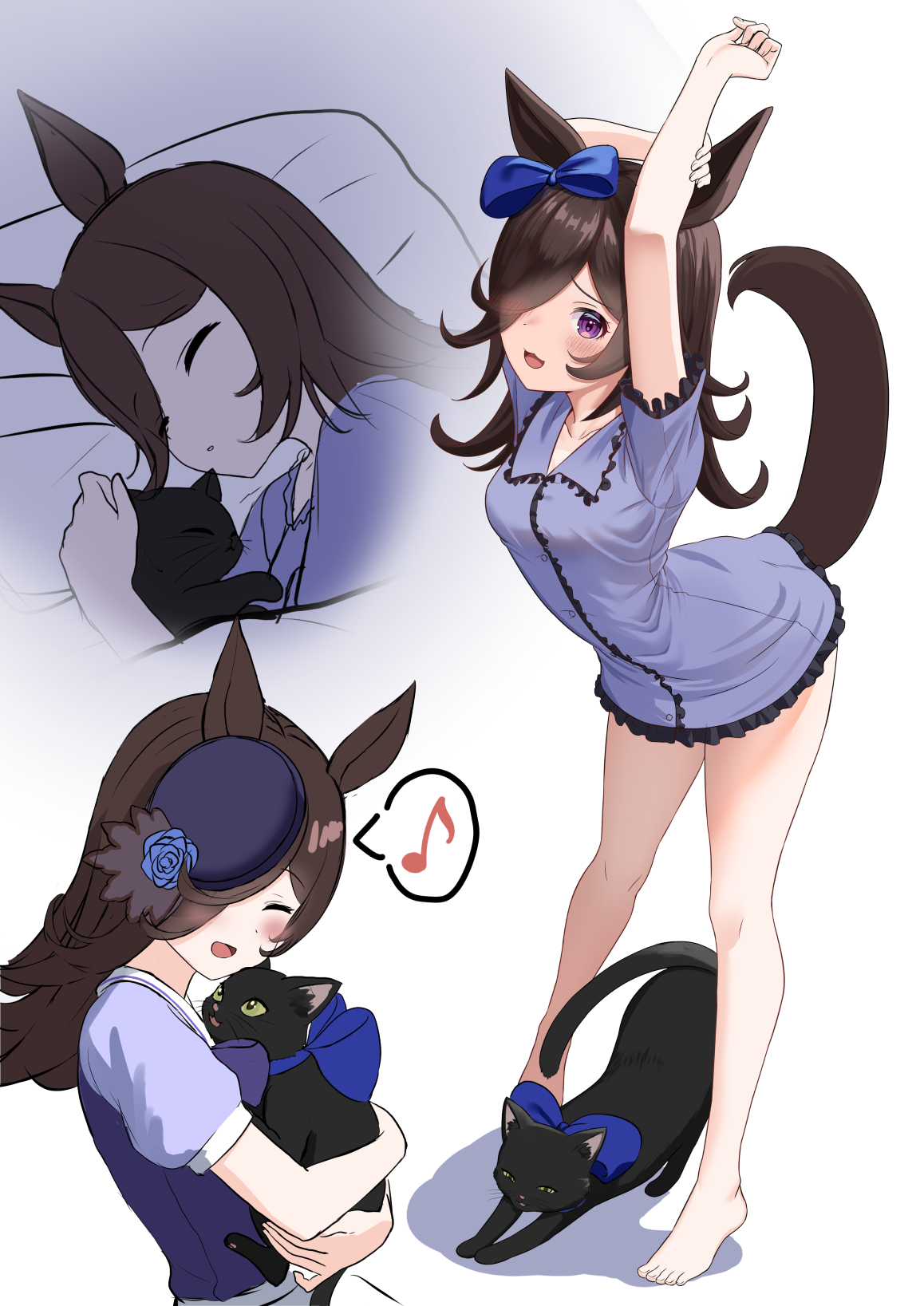 wanderlucia, rice shower (umamusume), umamusume, commentary request, highres, 1girl, animal, animal ears, arms up, bare legs, blush, bow, cat, closed eyes, dress, hair bow, hair over one eye, hand on own arm, holding, holding animal, horse ears, horse girl, horse tail, long hair, musical note, open mouth, purple bow, purple dress, purple eyes, purple shirt, shirt, short dress, short sleeves, sleeping, spoken musical note, stretching, tail