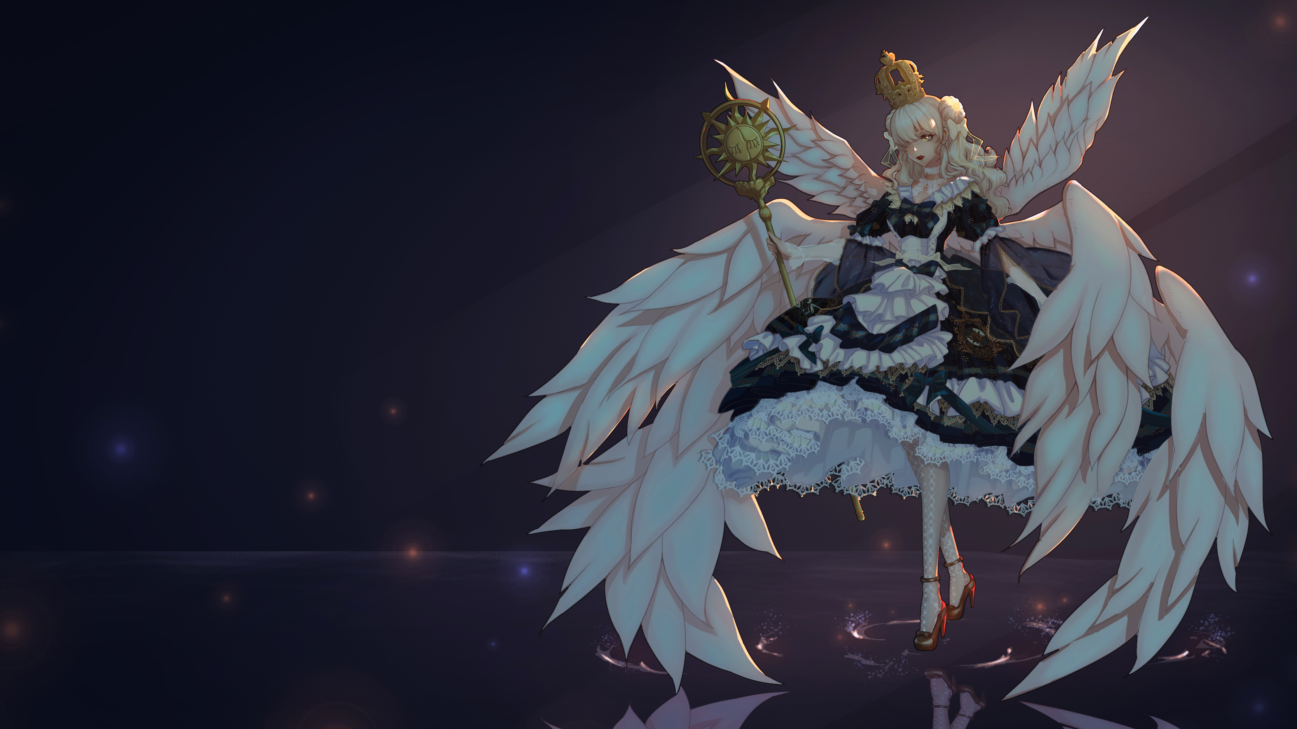 li0n (kongshushiwo), original, absurdres, chinese commentary, highres, 1girl, accurate lolita coord, angel wings, ankle strap, arched crown, black background, black dress, blonde hair, blunt bangs, bow, brown shoes, choker, crown, double bun, dress, feathered wings, frilled dress, frills, full body, hair bow, hair bun, high heels, holding, holding staff, juliet sleeves, lace, lace-trimmed dress, lace choker, lace trim, layered sleeves, light particles, lipstick, lolita fashion, long hair, long sleeves, looking down, makeup, medium dress, mini crown, multiple wings, pantyhose, puffy sleeves, pumps, red lips, reflection, reflective liquid, ripples, see-through clothes, see-through legwear, see-through sleeves, shoes, solo, staff, standing, standing on liquid, sun symbol, two-tone dress, wavy hair, white bow, white choker, white dress, white pantyhose, white wings, wide sleeves, wings, yellow eyes