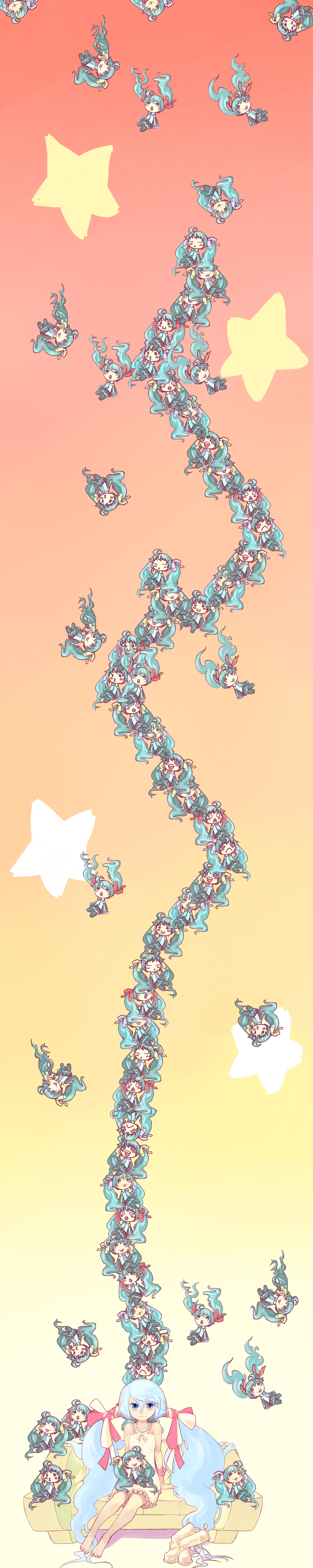 kansou samehada, hatsune miku, vocaloid, absurdres, bad id, bad pixiv id, highres, long image, tall image, 6+girls, :<, :3, :o, angry, aqua hair, barefoot, blue eyes, blue hair, blush, blush stickers, character doll, chibi, clone, couch, doll, human tower, long hair, multiple expressions, multiple girls, nyoro~n, o3o, o o, stacking, twintails, very long hair