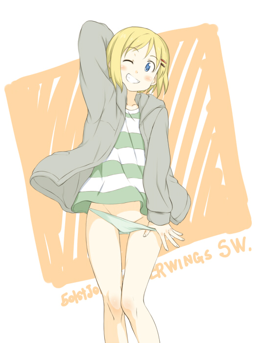 hamao, erica hartmann, strike witches, world witches series, 00s, 1girl, arm behind head, bare legs, blonde hair, blue eyes, blush, casual, collarbone, dot nose, female focus, fingernails, grin, groin, hair ornament, hairclip, hood, hoodie, jacket, legs, legs together, looking at viewer, lowleg, no pants, one eye closed, panties, panty pull, pulling own clothes, shirt, short hair, simple background, smile, solo, standing, striped clothes, striped shirt, teeth, underwear, wink