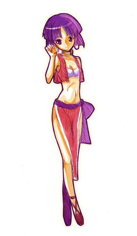 nanohana kohina, nadia la arwall, fushigi no umi no nadia, bad id, bad pixiv id, traditional media, 1990s (style), 1girl, ankle lace-up, bandeau, bare shoulders, earrings, female focus, hair flip, hoop earrings, jewelry, loincloth, midriff, pelvic curtain, purple eyes, purple hair, retro artstyle, sandals, short hair, solo, strapless, tube top, vest