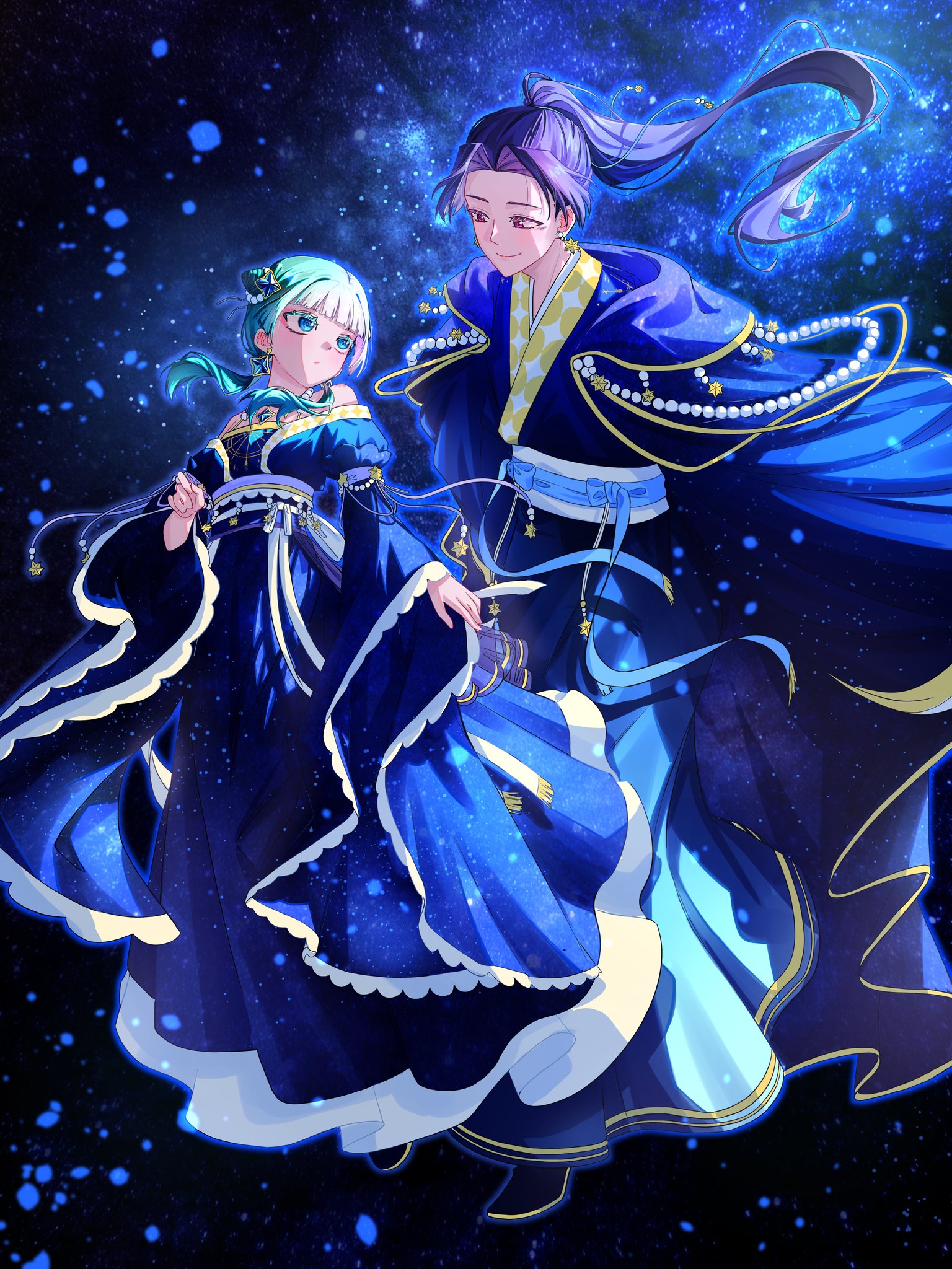 jinshi (kusuriya no hitorigoto), maomao (kusuriya no hitorigoto), kusuriya no hitorigoto, highres, 1boy, 1girl, blue eyes, closed mouth, colored eyelashes, double bun, dress, earrings, frilled dress, frills, green dress, green eyes, green hair, hair bun, head tilt, jewelry, long hair, looking at another, necklace, nyangnyang19770, parted bangs, ponytail, purple eyes, purple hair, space, twintails