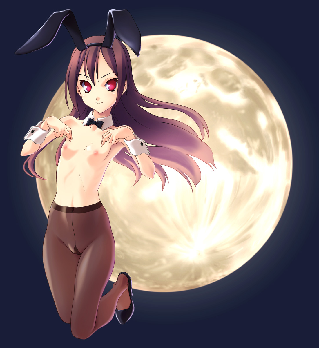 norizou type-r, original, highres, 1girl, animal ears, armpits, bow, bowtie, brown hair, cuffs, female focus, flat chest, full moon, moon, nipples, no panties, pantyhose, rabbit ears, red eyes, solo, topless female, wrist cuffs