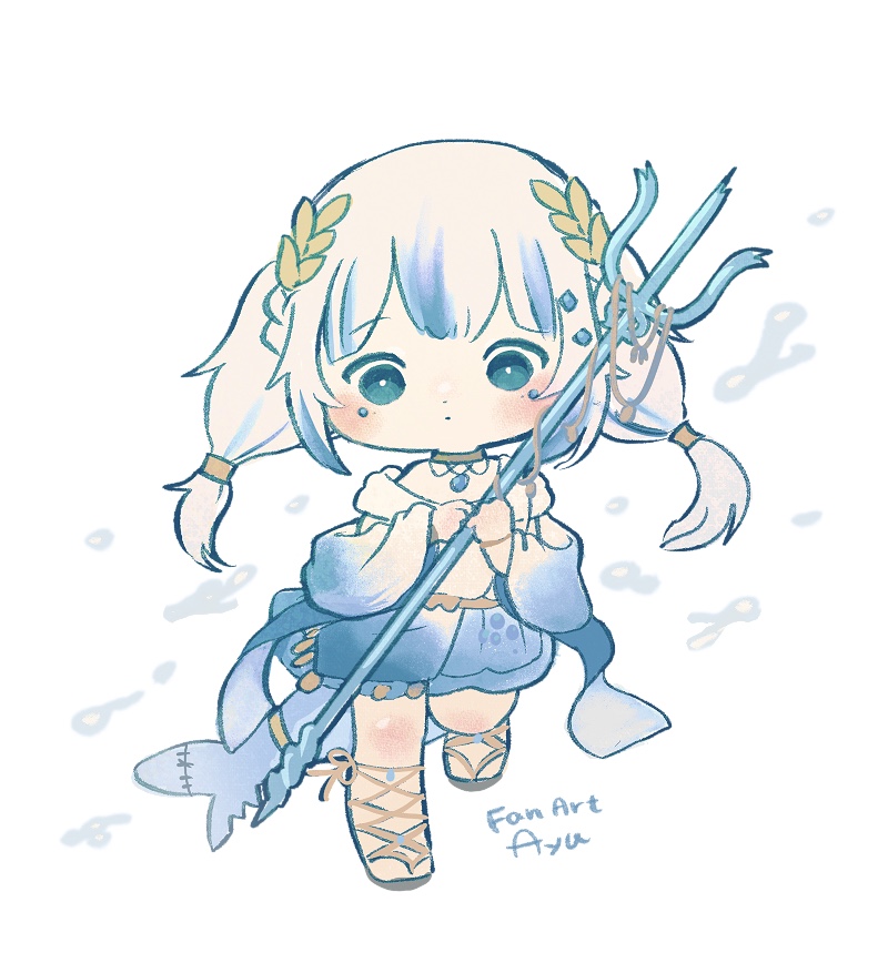 ayu (mog), gawr gura, gawr gura (party dress), hololive, hololive english, commentary, commentary request, english commentary, mixed-language commentary, 1girl, artist name, blue dress, blue eyes, blue hair, blush, chibi, chibi only, closed mouth, dress, fins, fish tail, full body, gladiator sandals, gradient clothes, gradient dress, holding, holding polearm, holding weapon, jewel under eye, long hair, long sleeves, multicolored hair, polearm, romaji commentary, sandals, shark girl, shark tail, simple background, solo, standing, streaked hair, tail, trident, twintails, two-tone hair, virtual youtuber, weapon, white background, white hair, wide sleeves