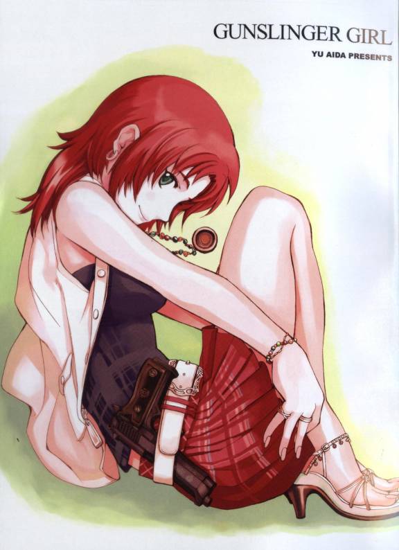 aida yuu, petrushka, gunslinger girl, 00s, 1girl, female focus, green eyes, gun, jacket, jewelry, looking at viewer, looking back, red hair, skirt, smile, solo, weapon