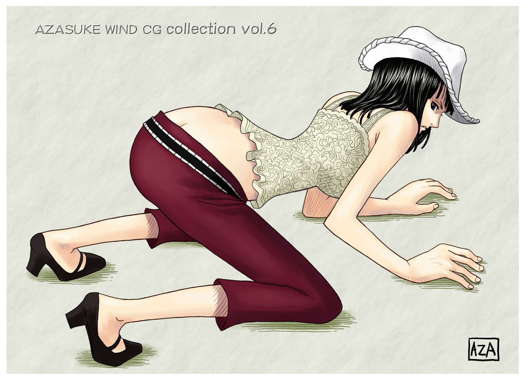 azasuke, nico robin, nico robin (skypiea), one piece, highres, 1girl, all fours, artist name, ass, black hair, blunt bangs, border, butt crack, camisole, capri pants, cowboy hat, female focus, grey background, hat, high heels, medium hair, pants, purple eyes, shoes, skypiea, solo, white border, white hat