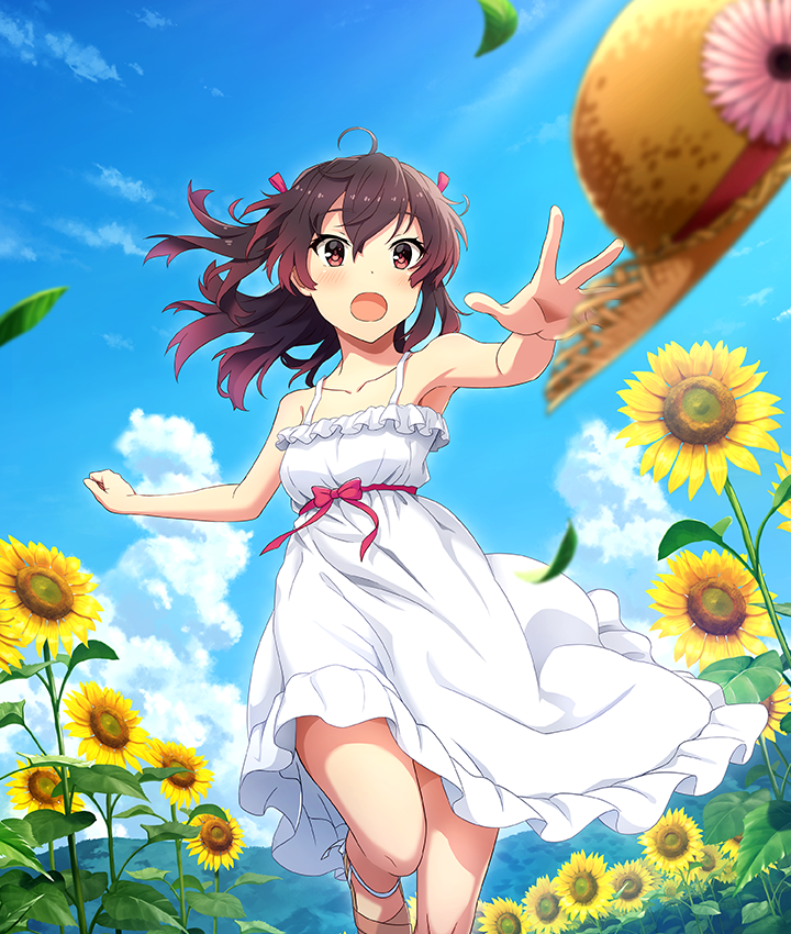 asakura mihono, toji no miko, toji no miko: kizamishi issen no tomoshibi, game cg, official art, third-party source, 1girl, :o, ahoge, armpits, blue sky, blurry, blurry foreground, blush, bow, breasts, brown hair, brown sandals, chasing, cloud, collarbone, day, dot nose, double-parted bangs, dress, falling leaves, field, flower, flower field, frilled dress, frills, gradient hair, hair ribbon, hat, hat flower, leaf, medium hair, mountainous horizon, multicolored hair, open mouth, outdoors, outstretched arm, pink flower, pink ribbon, purple hair, red bow, red eyes, red ribbon, ribbon, running, sandals, sky, small breasts, solo, spaghetti strap, straw hat, sundress, sunflower, sunflower field, underbust, unworn hat, unworn headwear, white dress, wind, yellow flower