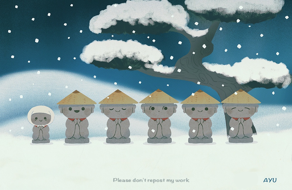 ayu (mog), commentary, commentary request, english commentary, mixed-language commentary, :d, ajirogasa, artist name, brown hat, closed eyes, hat, jizou, kasa jizou (folk tale), no humans, open mouth, outdoors, pine tree, romaji commentary, smile, snow, snowing, solid circle eyes, statue, tree, watermark, winter