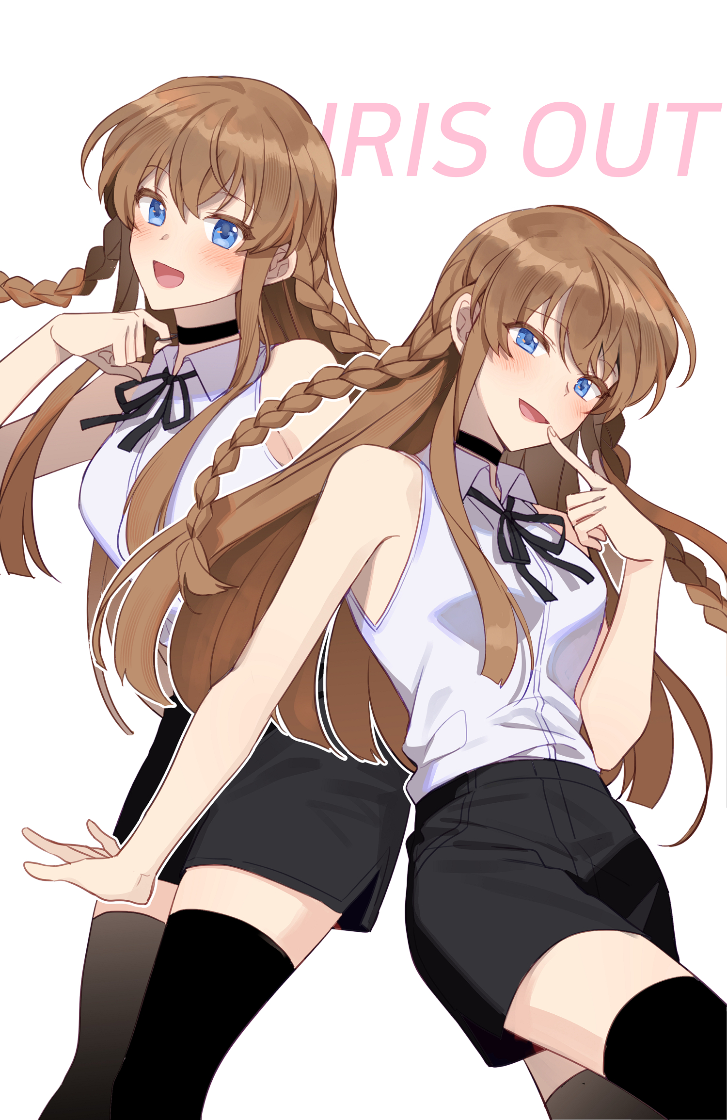 chapuding, kousaka umi, reze (chainsaw man), ueda reina, chainsaw man, idolmaster, idolmaster million live!, commentary, highres, 1girl, bare arms, black choker, black ribbon, black shorts, black thighhighs, blue eyes, blunt ends, blush, braid, breasts, brown hair, choker, collared shirt, cosplay, finger to mouth, hand up, iris out (song), long hair, long sidelocks, looking at viewer, medium breasts, multiple views, neck ribbon, open mouth, reze (chainsaw man) (cosplay), ribbon, shirt, shorts, sidelocks, simple background, sleeveless, sleeveless shirt, smile, thighhighs, twin braids, voice actor connection, white background, white shirt