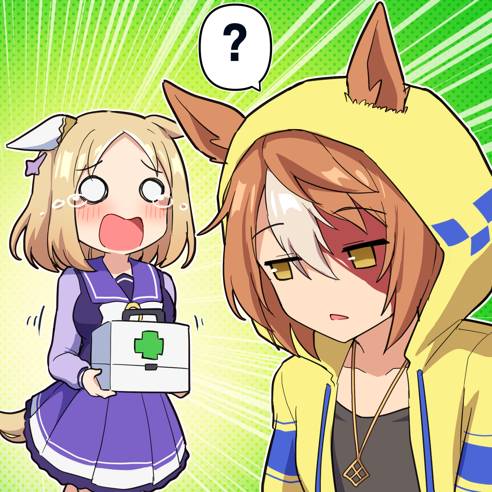 takiki, narita top road (umamusume), umamusume, umamusume: cinderella gray, commentary request, highres, ?, blonde hair, blood, blood on face, blush, collarbone, dicta striker (umamusume), hood, hooded jacket, horse girl, jacket, jewelry, o o, pendant, school uniform, short hair, spoken question mark, tears, tracen school uniform, yellow jacket