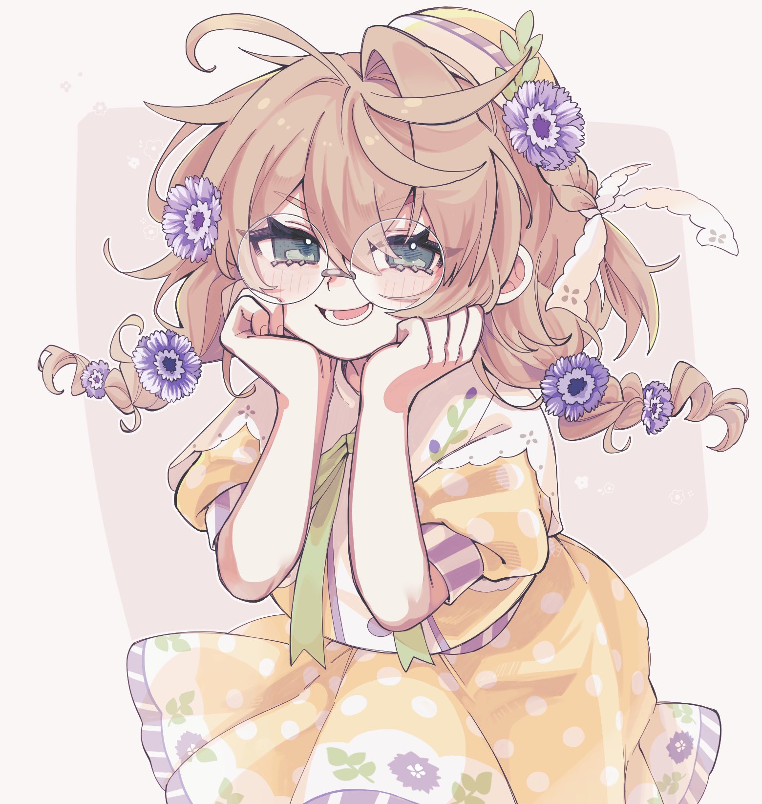 yaguruma rine, yaguruma rine (1st costume), nijisanji, hashtag-only commentary, highres, 1girl, 1sland714vvv, :d, ahoge, blush, braid, brown hair, dress, flower, glasses, green eyes, hair flower, hair ornament, hands on own cheeks, hands on own face, hat, long hair, looking at viewer, low twin braids, open mouth, polka dot, polka dot dress, smile, solo, twin braids, virtual youtuber, yellow dress