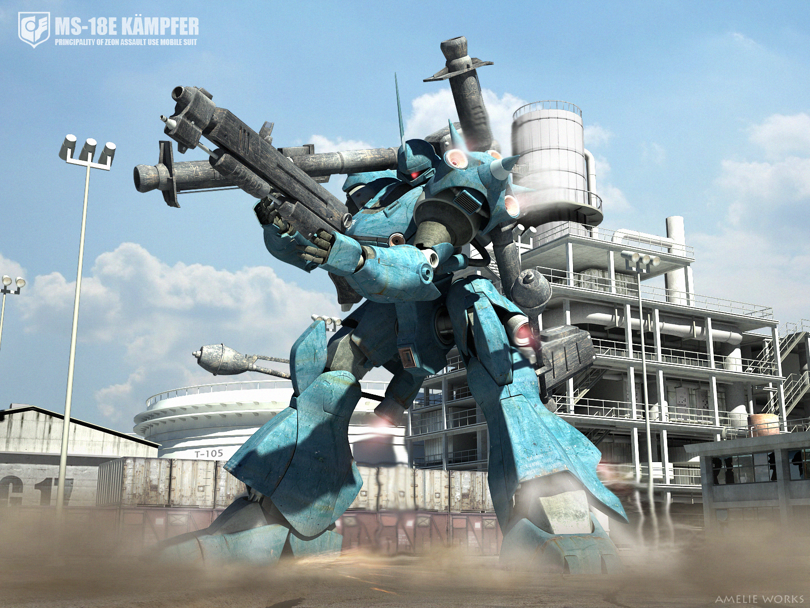 aramelie, kampfer (mobile suit), gundam, gundam 0080, 1980s (style), highres, 3d, dust, gun, high-explosive anti-tank (warhead), m1 bazooka, man-portable anti-tank systems, mecha, no humans, oldschool, outdoors, panzerfaust, recoilless gun, retro artstyle, robot, rocket launcher, shotgun, sky, solo, weapon
