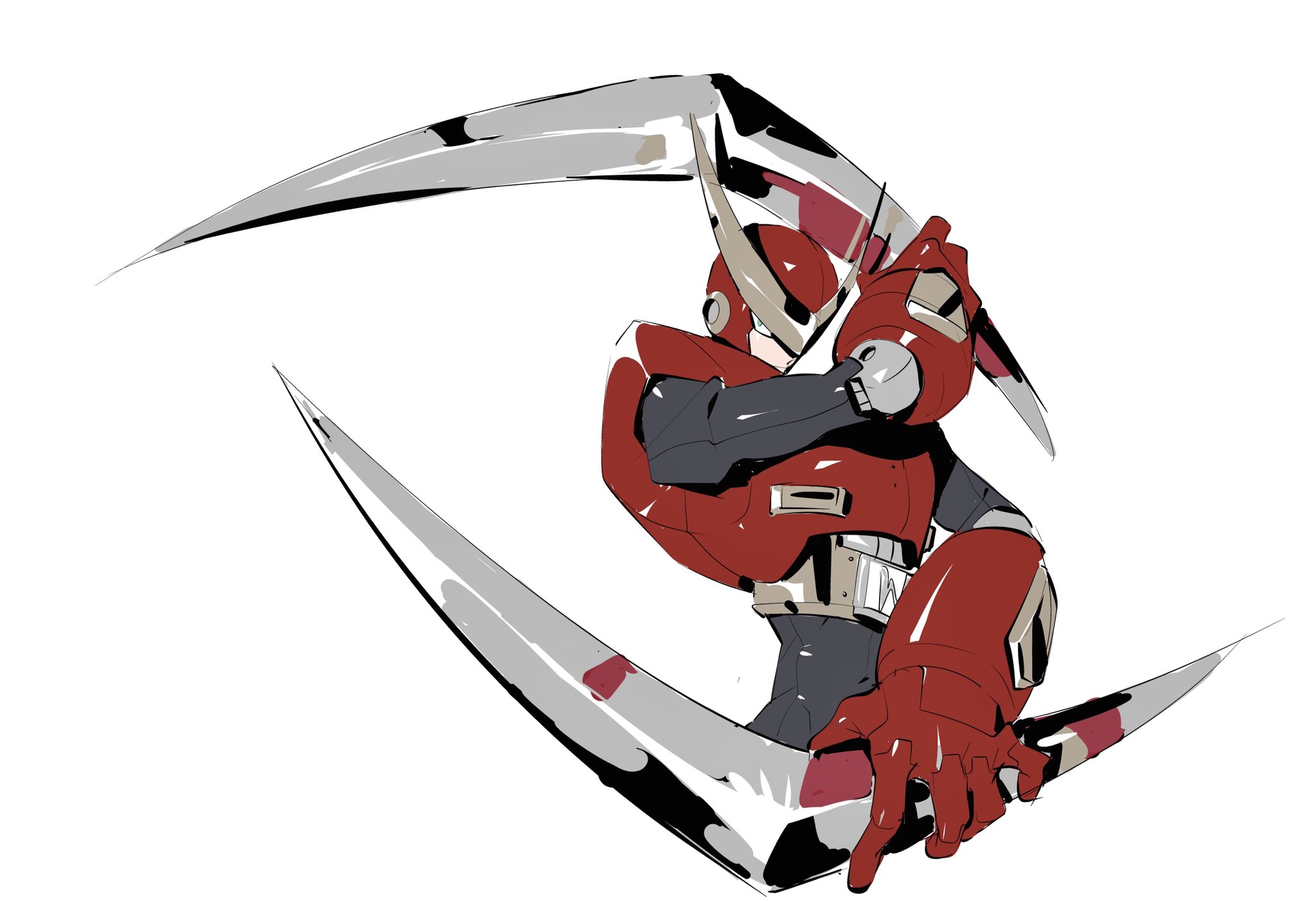 pipebomb (cracker68659106), quick man, mega man (classic), mega man (series), commentary, english commentary, highres, 1boy, armor, cowboy shot, green eyes, helmet, male focus, red armor, red helmet, simple background, solo, white background