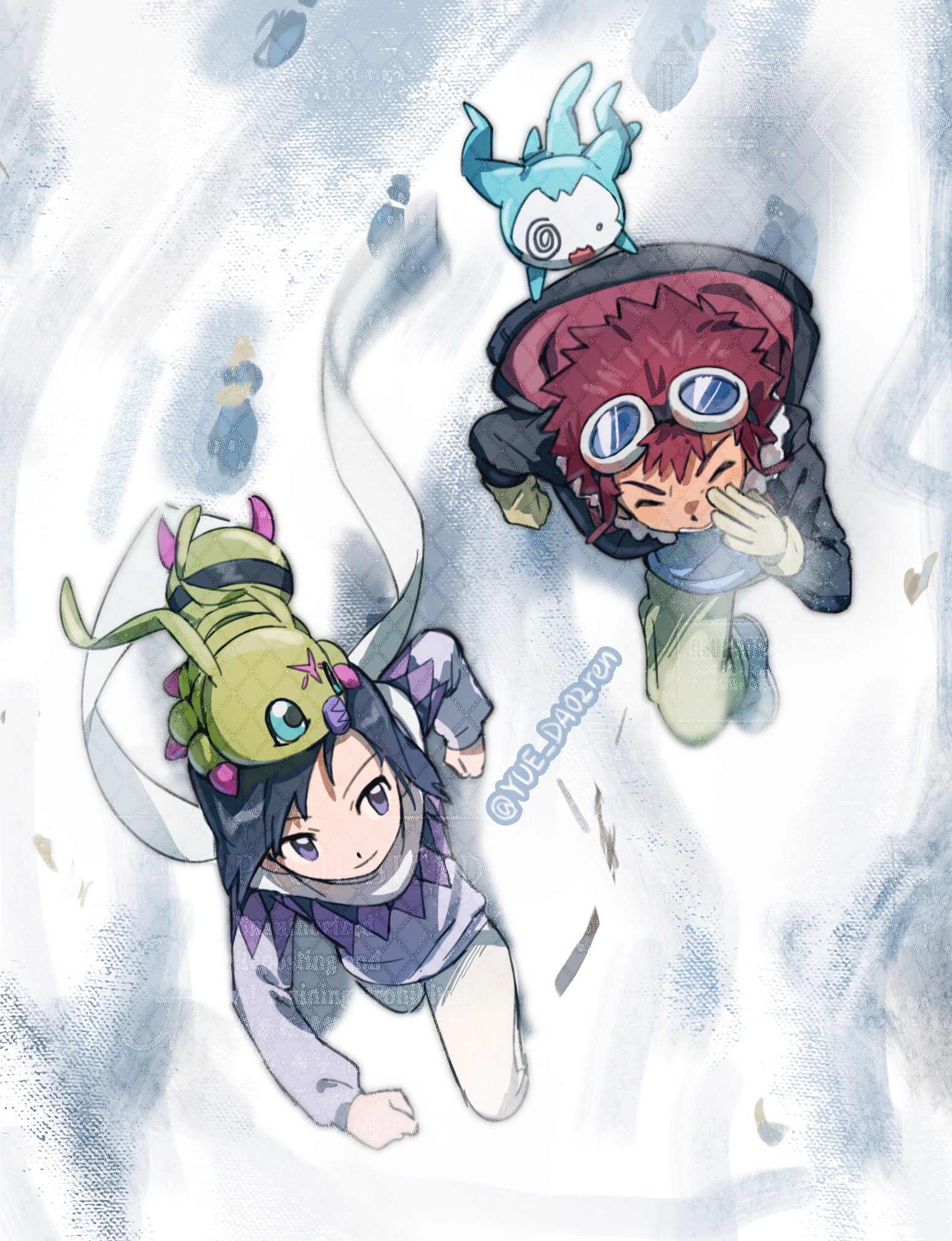 yue da02ren, chibimon, ichijouji ken, motomiya daisuke, wormmon, digimon, digimon adventure 02, commentary request, highres, 2boys, black hair, black jacket, brown hair, digimon (creature), from above, group picture, hood, hooded jacket, jacket, male focus, multiple boys, smile, snow, walking