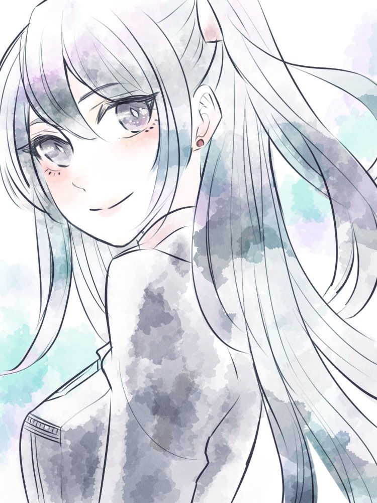 sklks, lenalee lee, d.gray-man, commentary request, 1girl, badge, black jacket, black order uniform, breast pocket, breasts, colorful background, earrings, eyelashes, green background, grey eyes, hair between eyes, hair ribbon, jacket, jewelry, limited palette, long hair, long sleeves, looking at viewer, looking back, medium breasts, military, military uniform, pocket, purple background, ribbon, sidelocks, smile, solo, striped clothes, striped jacket, stud earrings, turtleneck, turtleneck jacket, two side up, upper body, white background, zipper