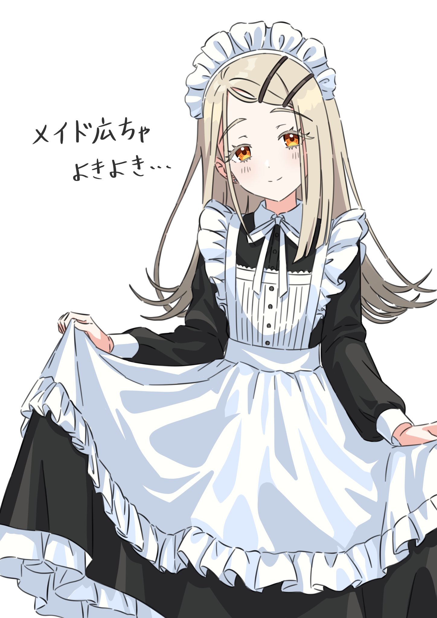 kousuke0912, shinosawa hiro, gakuen idolmaster, idolmaster, commentary request, highres, translation request, 1girl, alternate costume, apron, black dress, blonde hair, blush, closed mouth, colored eyelashes, contrast collar, cowboy shot, curtsey, dress, earrings, enmaided, flipped hair, frilled apron, frilled dress, frills, gradient hair, grey hair, hair ornament, hairclip, jewelry, long hair, long sleeves, looking at viewer, maid, maid apron, maid headdress, multicolored hair, neck ribbon, orange eyes, parallel hairclips, parted bangs, ribbon, simple background, skirt hold, smile, solo, split mouth, stud earrings, white apron, white background, white headdress, white ribbon, wrist cuffs
