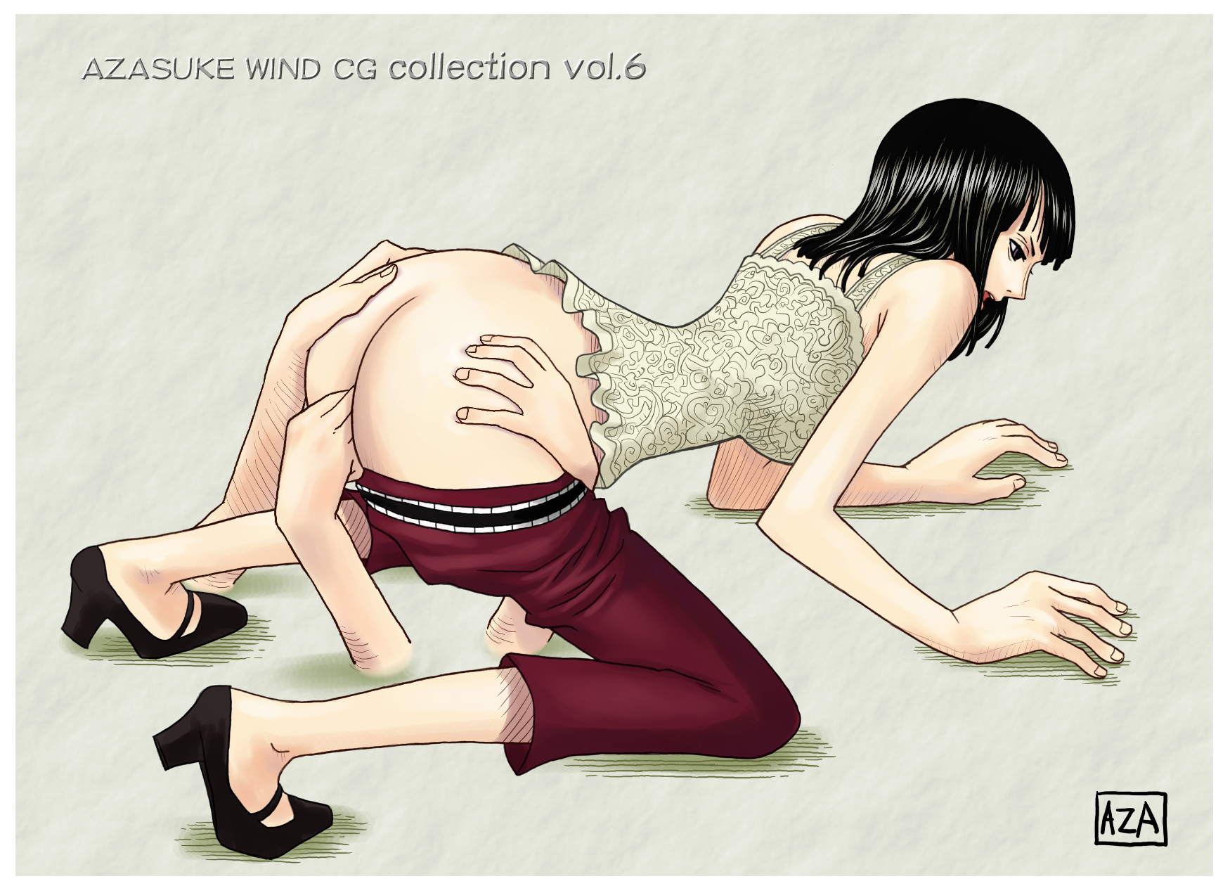 azasuke, nico robin, nico robin (skypiea), one piece, highres, 1girl, all fours, artist name, ass, black hair, blunt bangs, border, camisole, capri pants, clothes pull, extra arms, female focus, female masturbation, fingering, full body, grey background, hana hana no mi, high heels, masturbation, medium hair, no panties, open mouth, pants, pants pull, power perversion, purple eyes, shoes, solo, white border