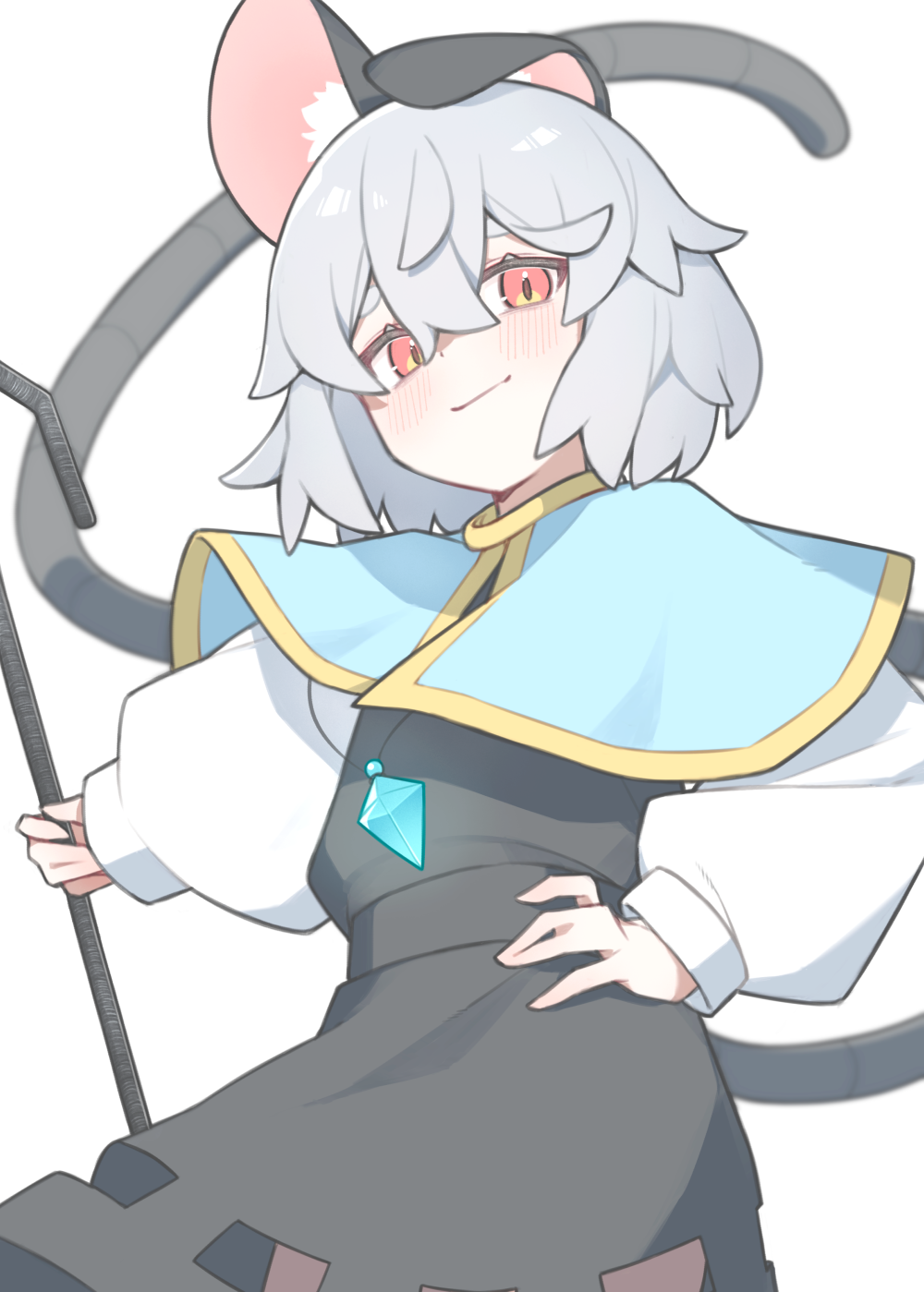 ch00suke, nazrin, touhou, commentary request, highres, 1girl, animal ears, black dress, blue capelet, blush, capelet, closed mouth, dowsing rod, dress, grey hair, hand on own hip, jewelry, light smile, long sleeves, looking at viewer, mouse ears, mouse girl, mouse tail, pendant, red eyes, simple background, solo, tail, white background