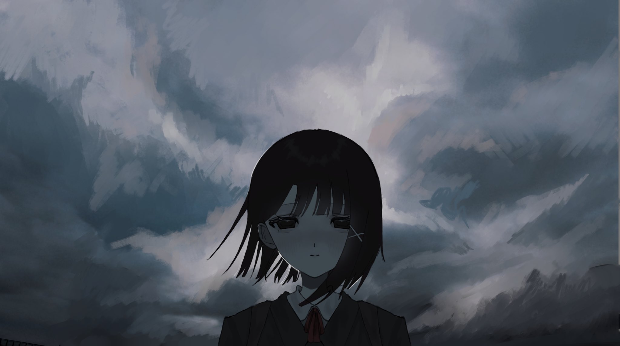 iwakura lain, serial experiments lain, highres, 1girl, black jacket, blush, bow, brown eyes, brown hair, closed mouth, cloud, cloudy sky, collared shirt, hair between eyes, hair ornament, jacket, looking at viewer, red bow, shirt, short hair, sky, solo, somnia 2, upper body, x hair ornament