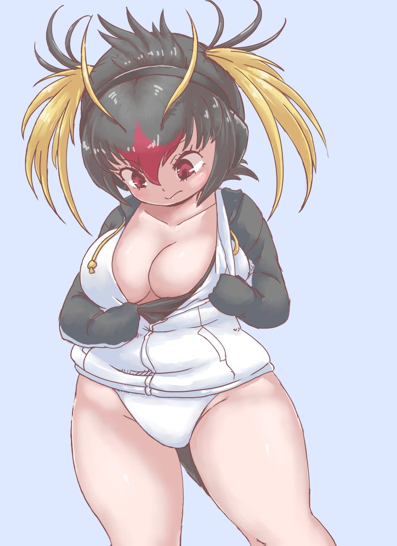 maki (02uh14l1b740ao2), rockhopper penguin (kemono friends), kemono friends, commentary request, black hair, blonde hair, breasts, bursting breasts, hair between eyes, hair over one eye, headphones, hood, hoodie, jacket tug, large breasts, leotard, multicolored hair, penguin tail, red eyes, red hair, short hair, shortstack, tail, white leotard