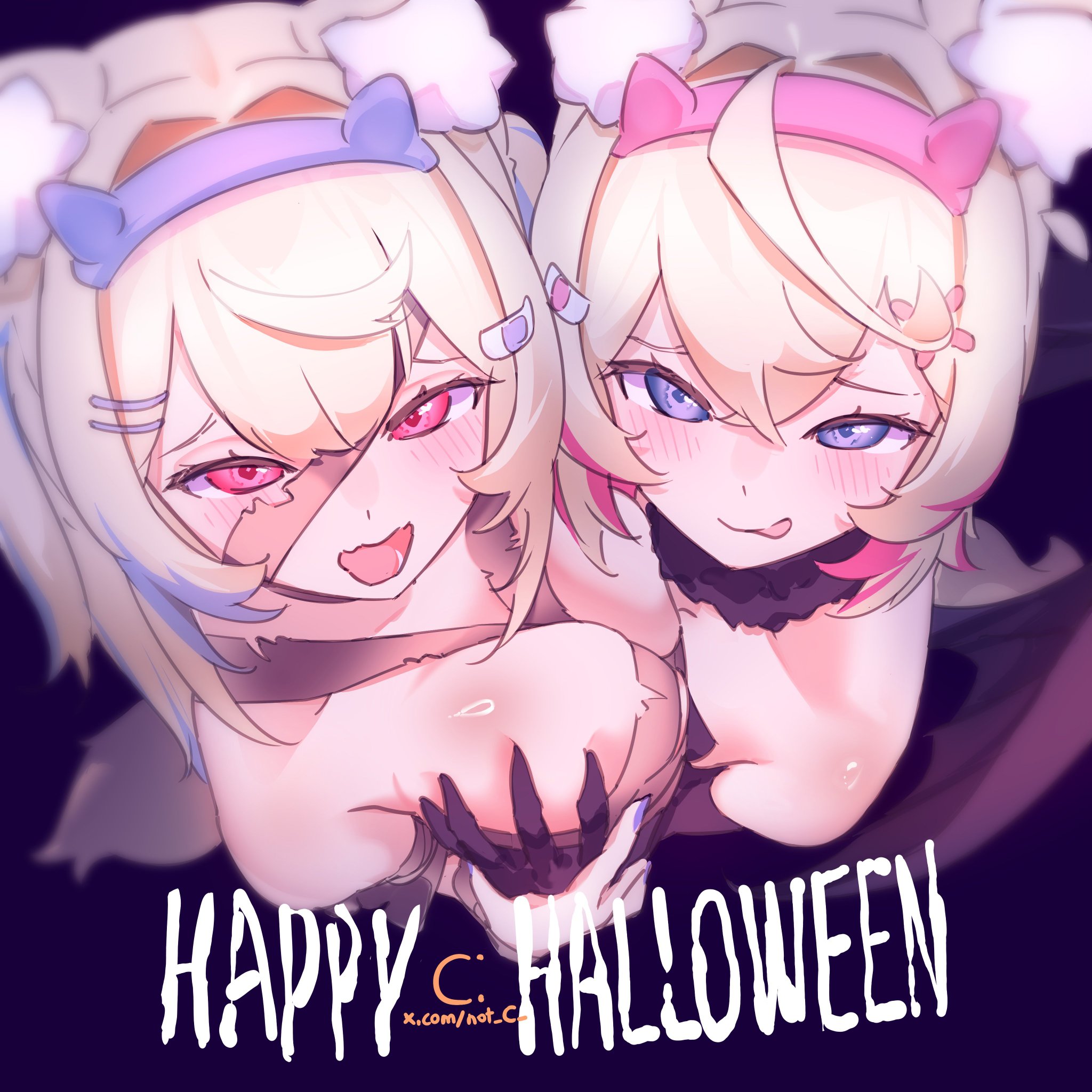 notced, fuwawa abyssgard, mococo abyssgard, hololive, hololive english, hashtag-only commentary, highres, 2girls, animal ears, bandages, bat wings, blue eyes, blue hair, blush, breasts, closed mouth, dog ears, dog girl, from above, grabbing another's breast, groping, halloween, large breasts, looking up, multicolored hair, multiple girls, naked bandage, open mouth, pink eyes, pink hair, siblings, sisters, small breasts, tongue, tongue out, twins, two-tone hair, two side up, virtual youtuber, wings