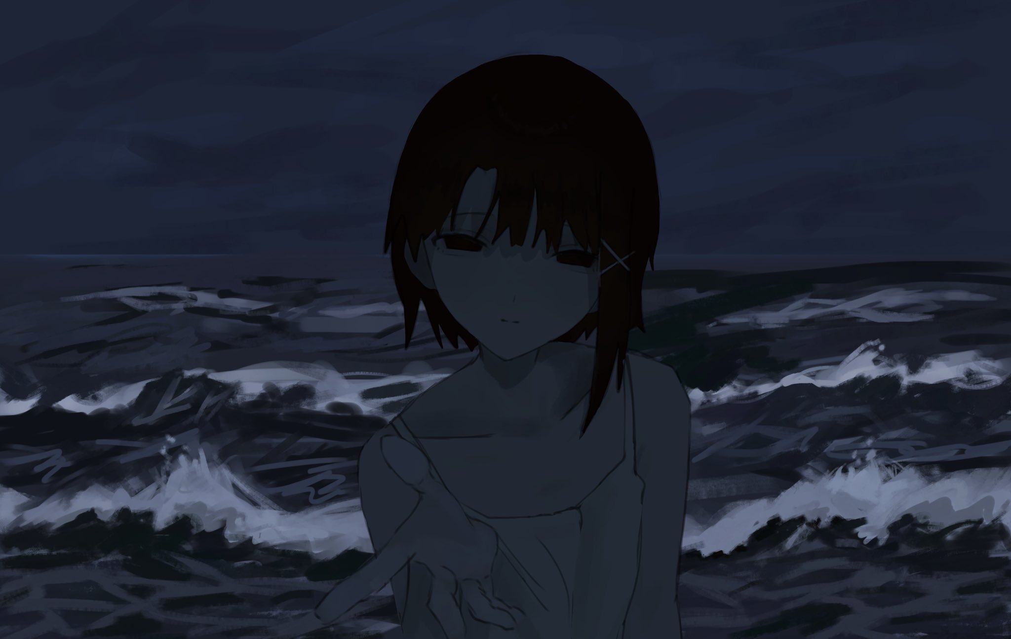 iwakura lain, serial experiments lain, hashtag-only commentary, highres, 1girl, blush, brown eyes, brown hair, camisole, closed mouth, cloud, cloudy sky, hair between eyes, hair ornament, looking at viewer, ocean, outdoors, outstretched arm, short hair, sky, solo, somnia 2, upper body, white camisole, x hair ornament