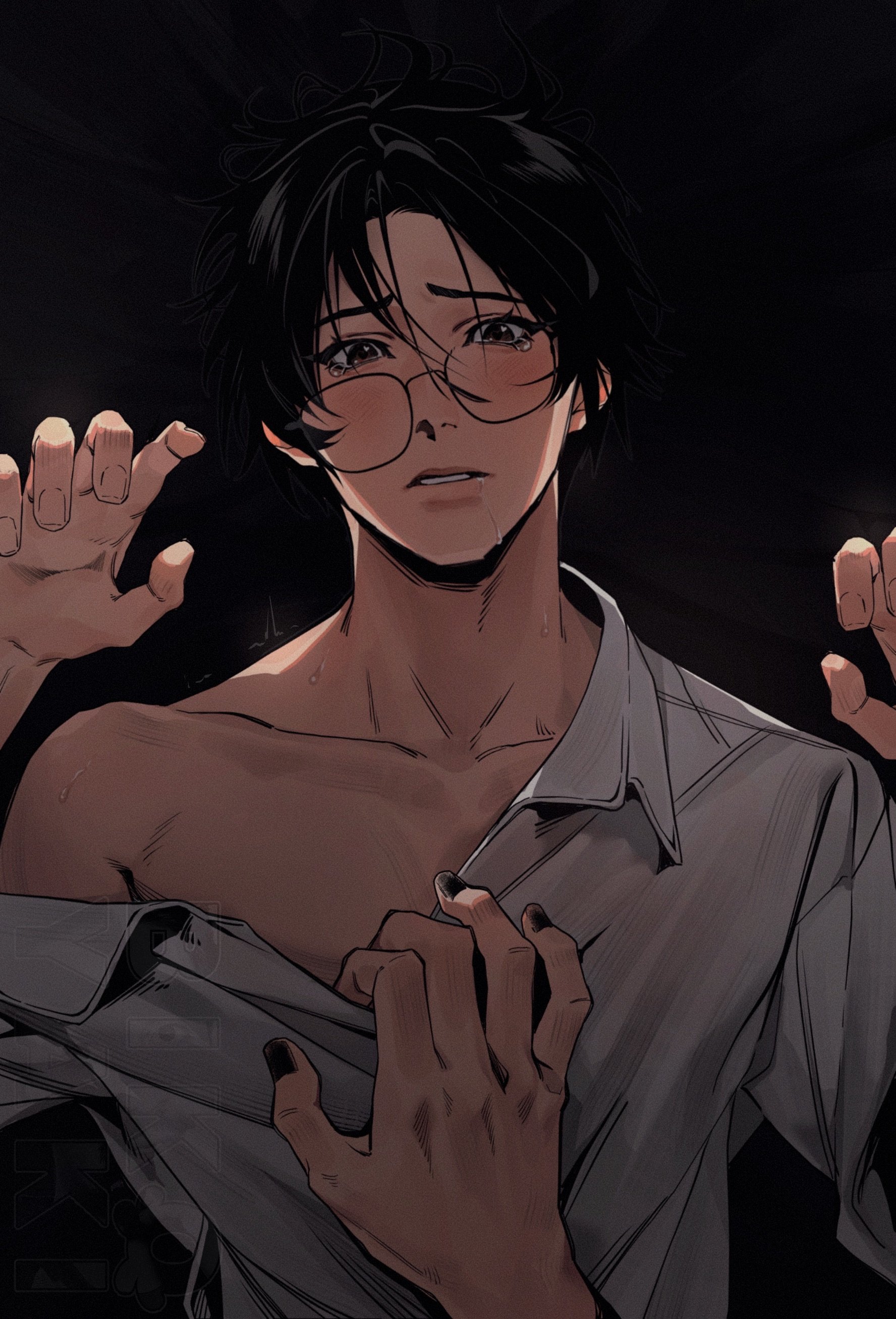 renzha fanpai zijiu xitong, absurdres, commentary, highres, symbol-only commentary, 1boy, arms up, bikoyaki, black-framed eyewear, black background, black hair, black nails, blush, brown eyes, clothes pull, collarbone, collared shirt, curled fingers, curtained hair, drooling, feet out of frame, furrowed brow, glasses, hands up, looking at viewer, male focus, messy hair, motion lines, nail polish, off-shoulder shirt, off shoulder, parted bangs, parted lips, pulling another's clothes, raised eyebrows, saliva, shen yuan, shirt, shirt pull, short hair, sweat, tearing up, upper body, watermark, white shirt, yaoi