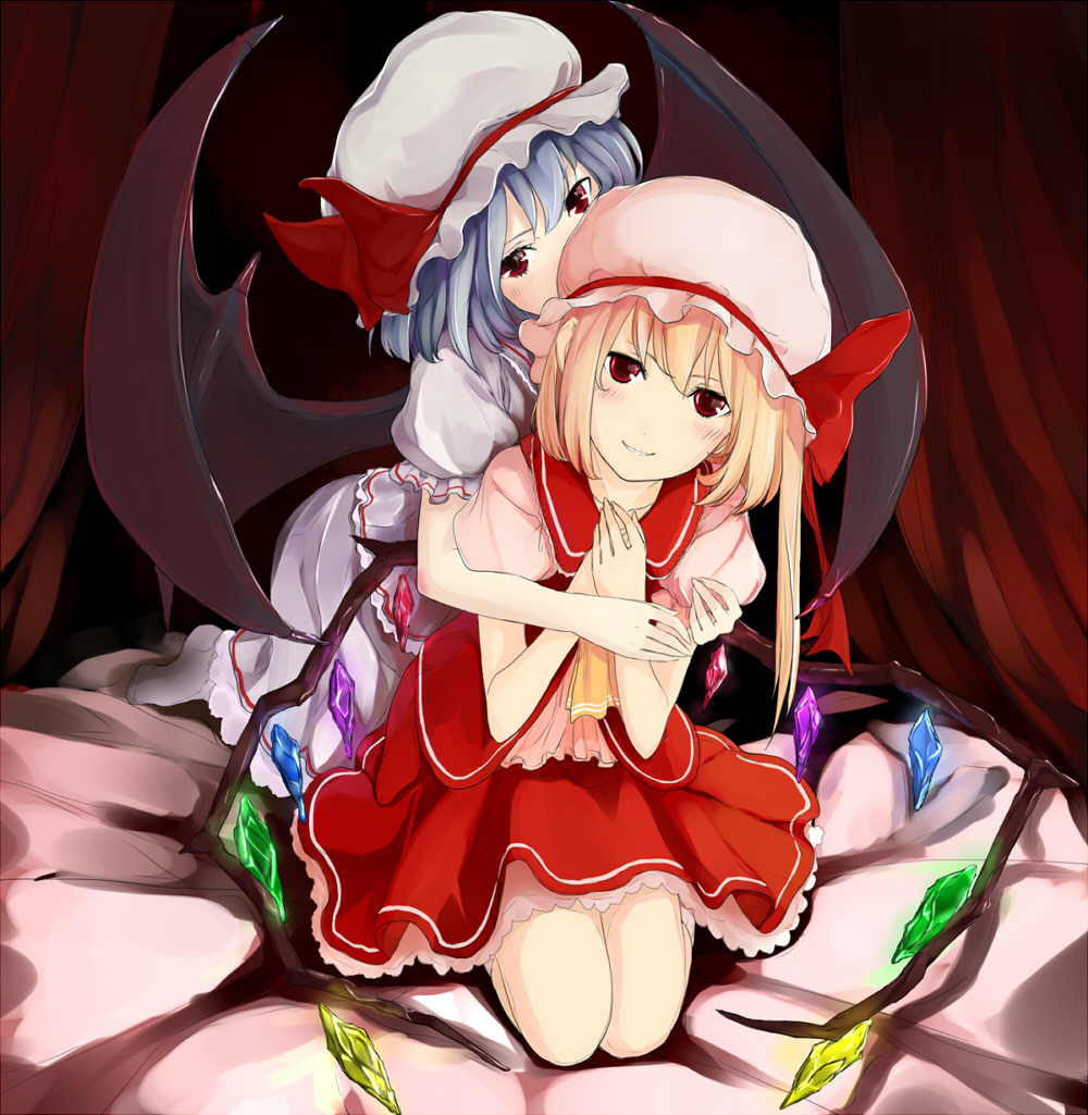 aoki shin, takanashie, flandre scarlet, remilia scarlet, touhou, colorized, 2girls, bat wings, blonde hair, blue hair, blush, female focus, hug, kneeling, multiple girls, red eyes, siblings, sisters, smile, wings