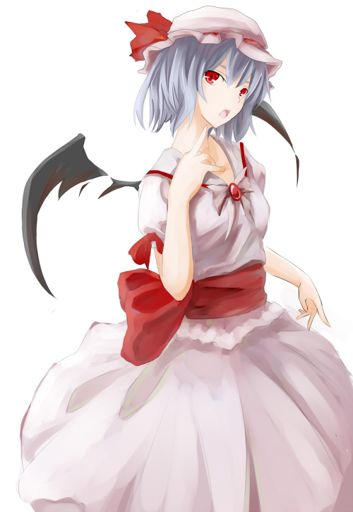 takanashie, remilia scarlet, touhou, 1girl, bat wings, blue hair, female focus, hat, red eyes, short hair, simple background, solo, white background, wings